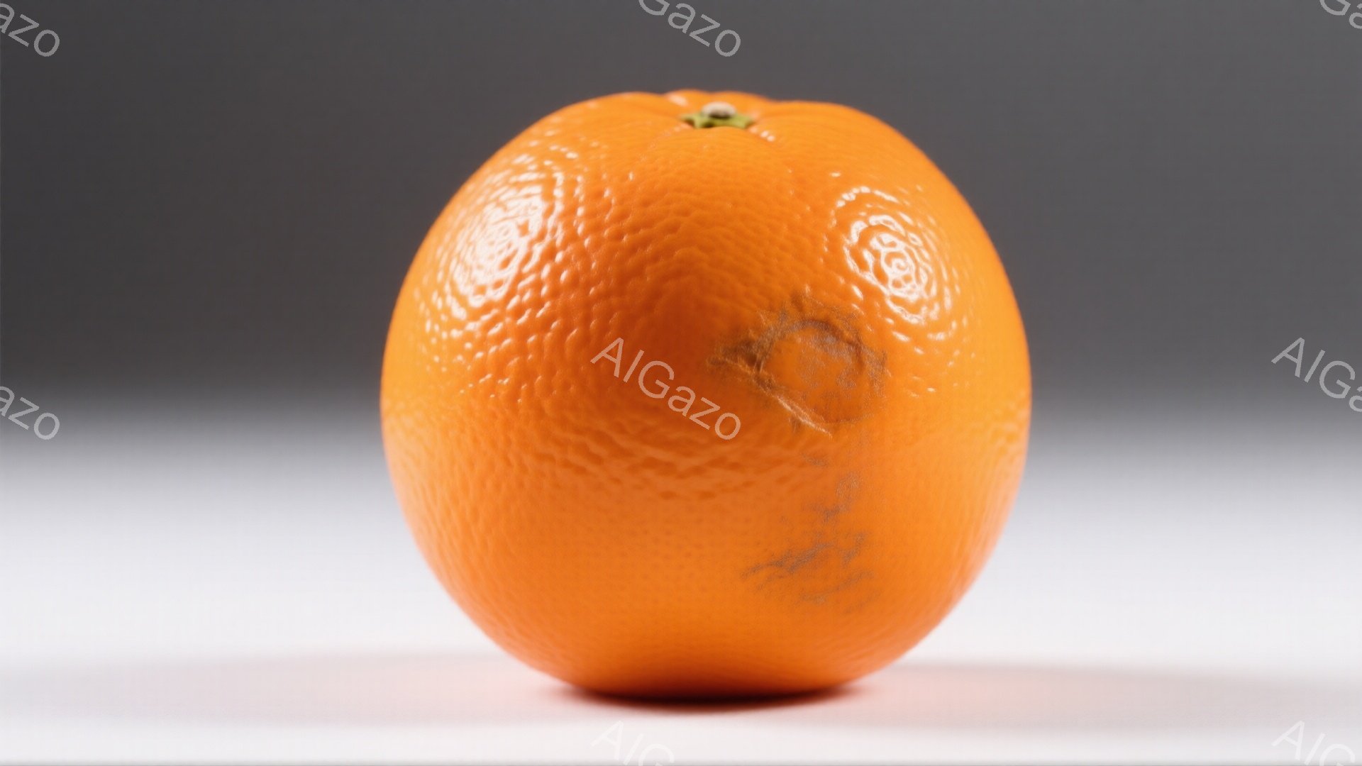 鮮やかなオレンジ色のオレンジが画面中央に大きく配置されています。表面には光沢があり、微細な凹凸が確認できます。背景は灰色で、オレンジが際立っています。 - AI生成フリー素材