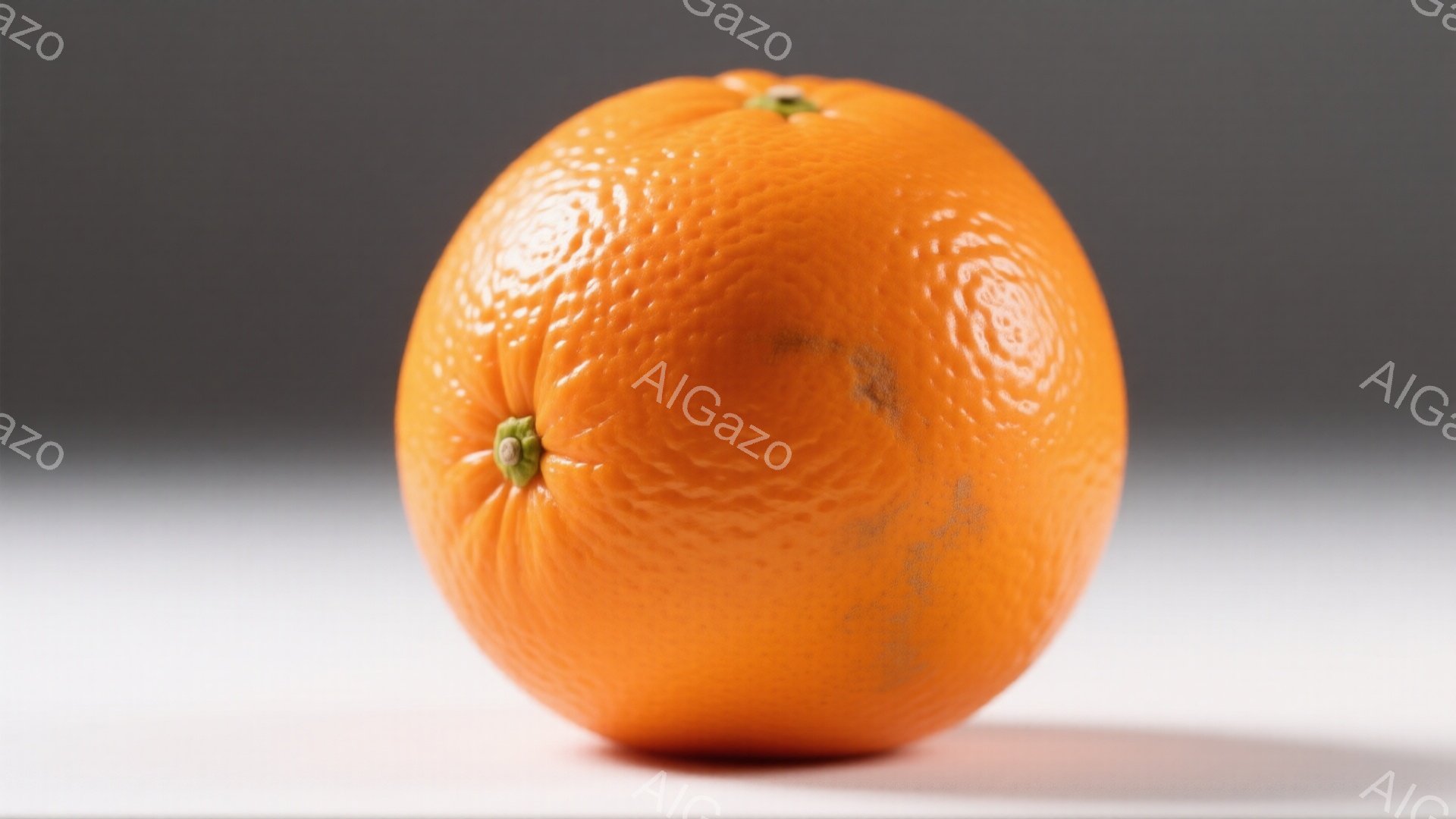 鮮やかなオレンジ色のオレンジが、白い背景に浮かび上がっています。表面には細かい凹凸があり、光沢があり、わずかに影が落ちています。全体的にシンプルな構図で、オレンジそのものの質感と色合いが強調されていま - AI生成フリー素材