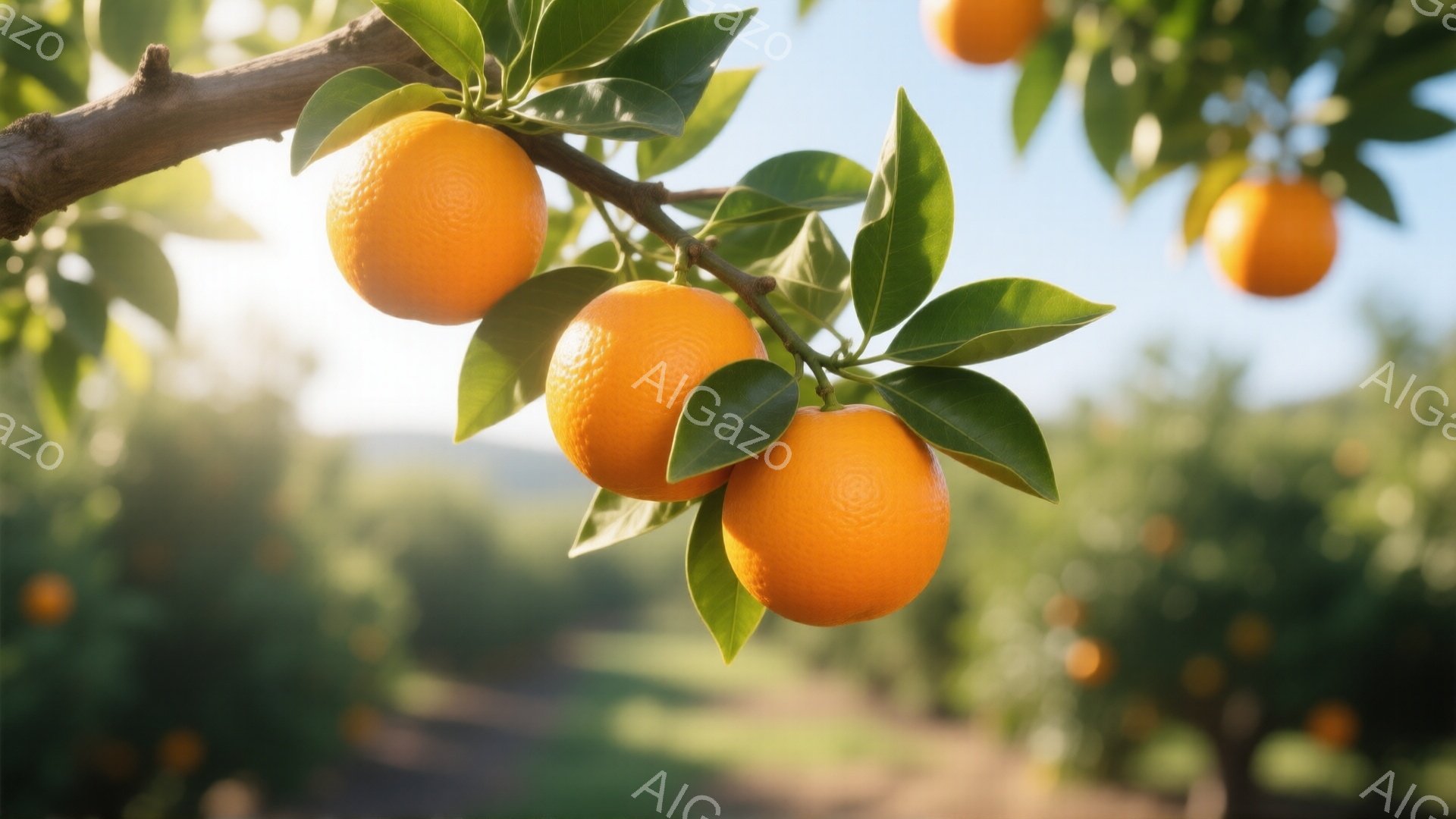 鮮やかなオレンジが緑の葉に囲まれて枝に実っている様子が捉えられています。背景にはオレンジ畑が広がり、遠くにはぼんやりとした山並みが確認できます。日差しが暖かく、穏やかな雰囲気で、収穫の喜びを感じさせる - AI生成フリー素材