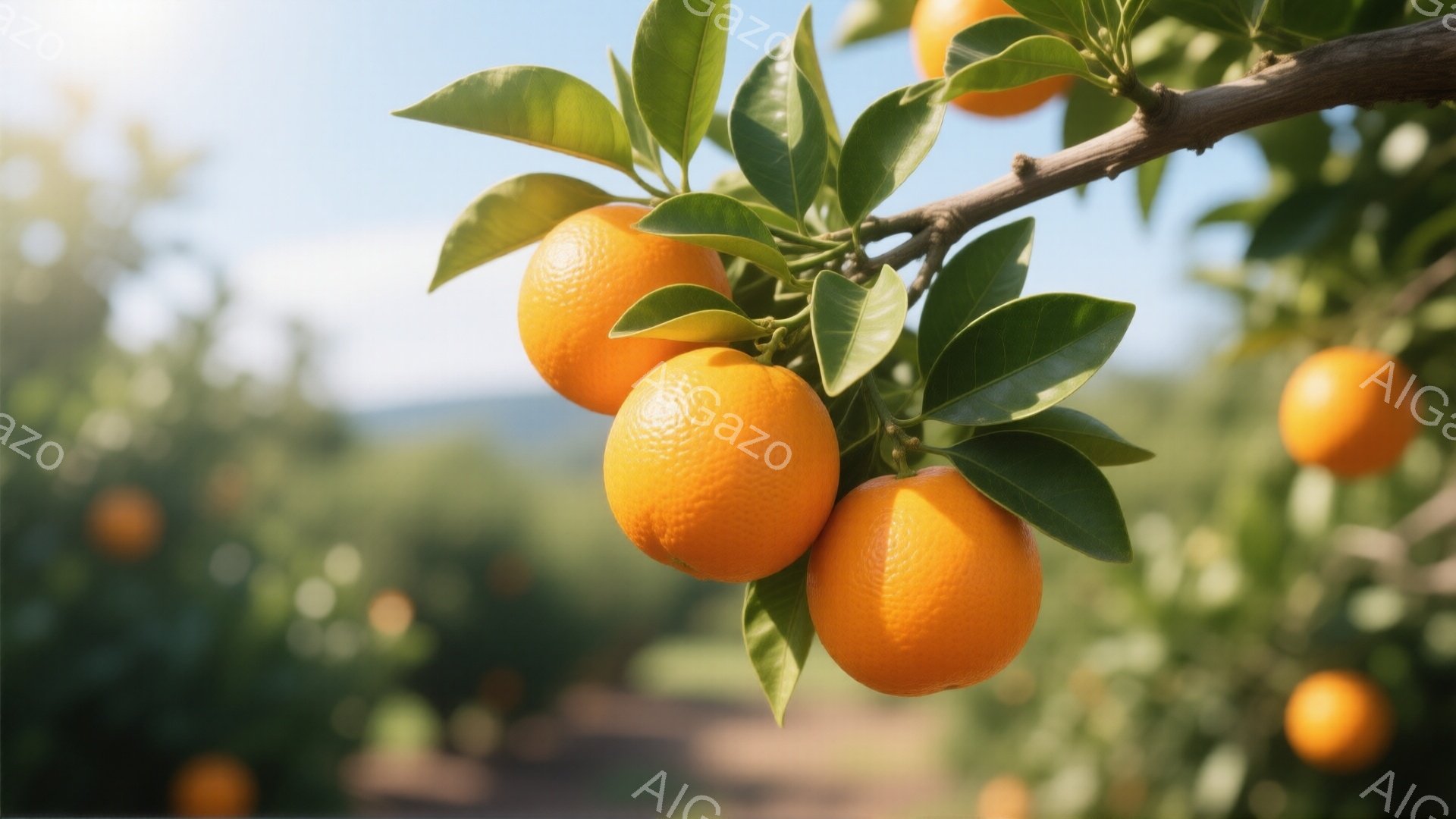 みずみずしいオレンジが枝に実っています。鮮やかなオレンジ色の果実は、緑の葉に囲まれ、太陽の光を浴びて輝いています。背景にはオレンジ畑が広がり、暖かく穏やかな雰囲気が漂っています。 - AI生成フリー素材