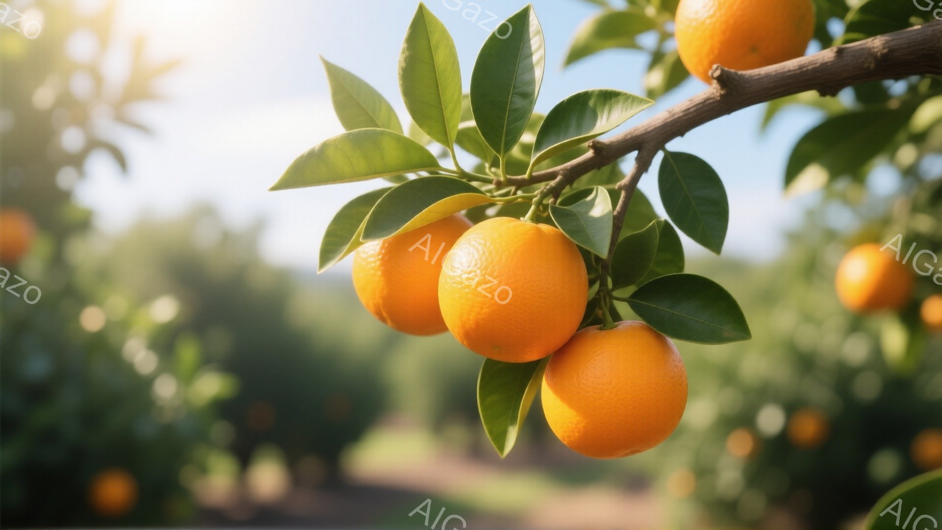 鮮やかなオレンジが枝に実っており、緑の葉に囲まれています。背景にはオレンジ畑が広がり、明るい日差しが差し込み、全体的に穏やかで温かい雰囲気が漂っています。オレンジの鮮やかな色が、背景の緑と調和し、自然 - AI生成フリー素材