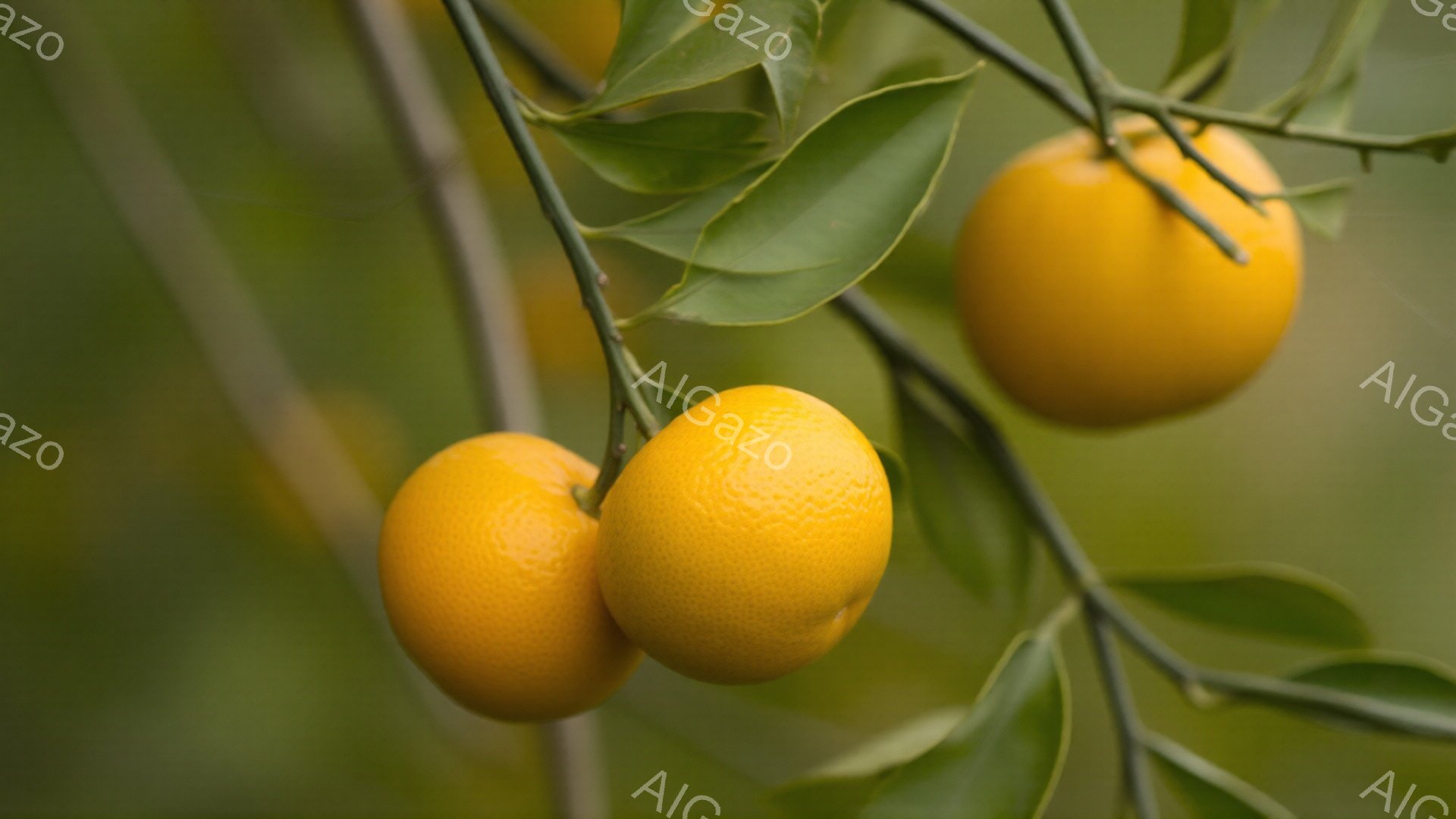 鮮やかなオレンジ色の柑橘類が枝に実っている様子が写っている。背景には緑の葉がぼやけており、全体的に温かく穏やかな雰囲気を醸し出している。みずみずしい果実は、収穫の時期を連想させ、自然の恵みを感じさせる。
