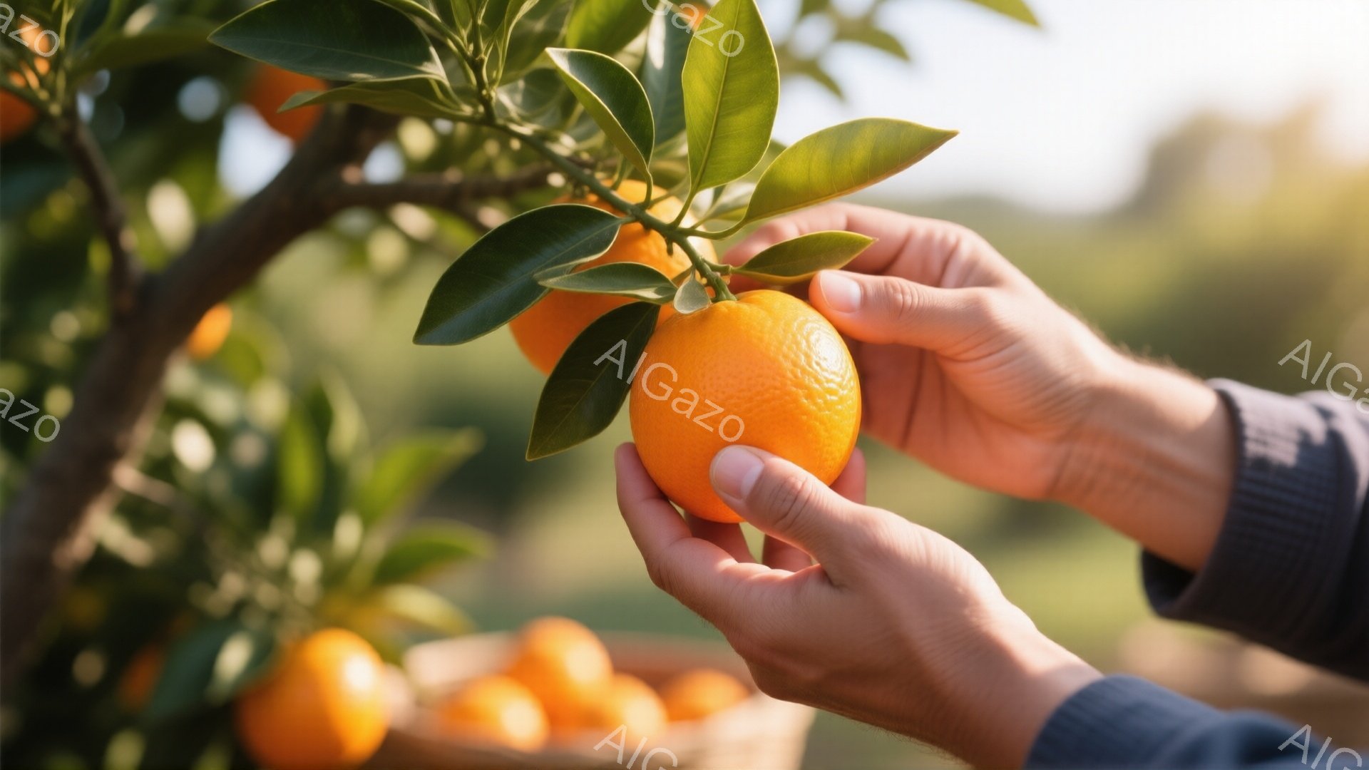 オレンジが実った枝から、一人の手がオレンジを摘み取ろうとしている様子が写っている。背景には、オレンジがたくさん入ったカゴと緑豊かな自然がぼやけて写っており、暖かく穏やかな雰囲気を醸し出している。手は長袖のシャツを着ており、果樹園で収穫を楽しむ様子が伝わる。