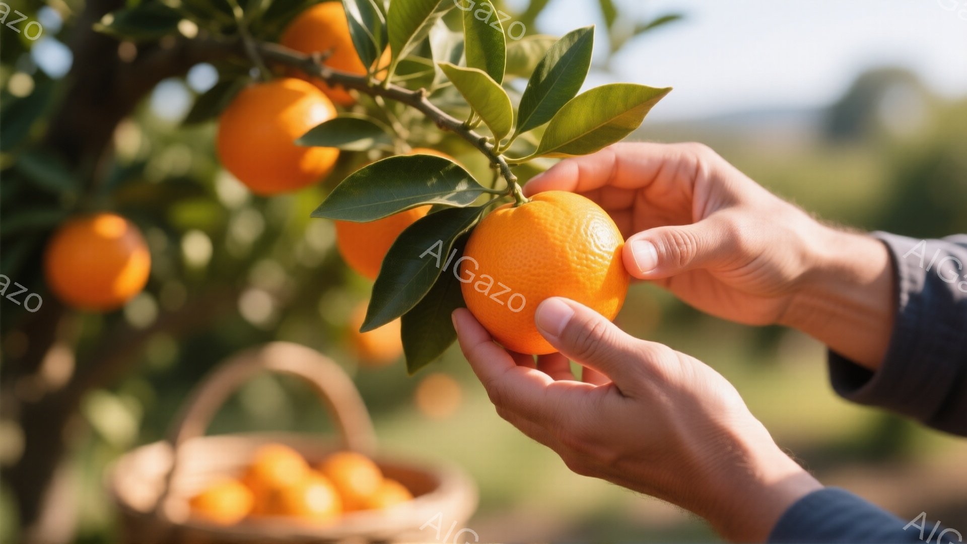 鮮やかなオレンジが枝に実り、手が一つを選んで摘み取ろうとしている様子が写っている。背景にはオレンジを収穫した籠と、ぼやけた緑の風景が広がり、晴れた日の穏やかな雰囲気が感じられる。手は紺色の長袖シャツを着ており、オレンジの実の鮮やかさを際立たせている。
