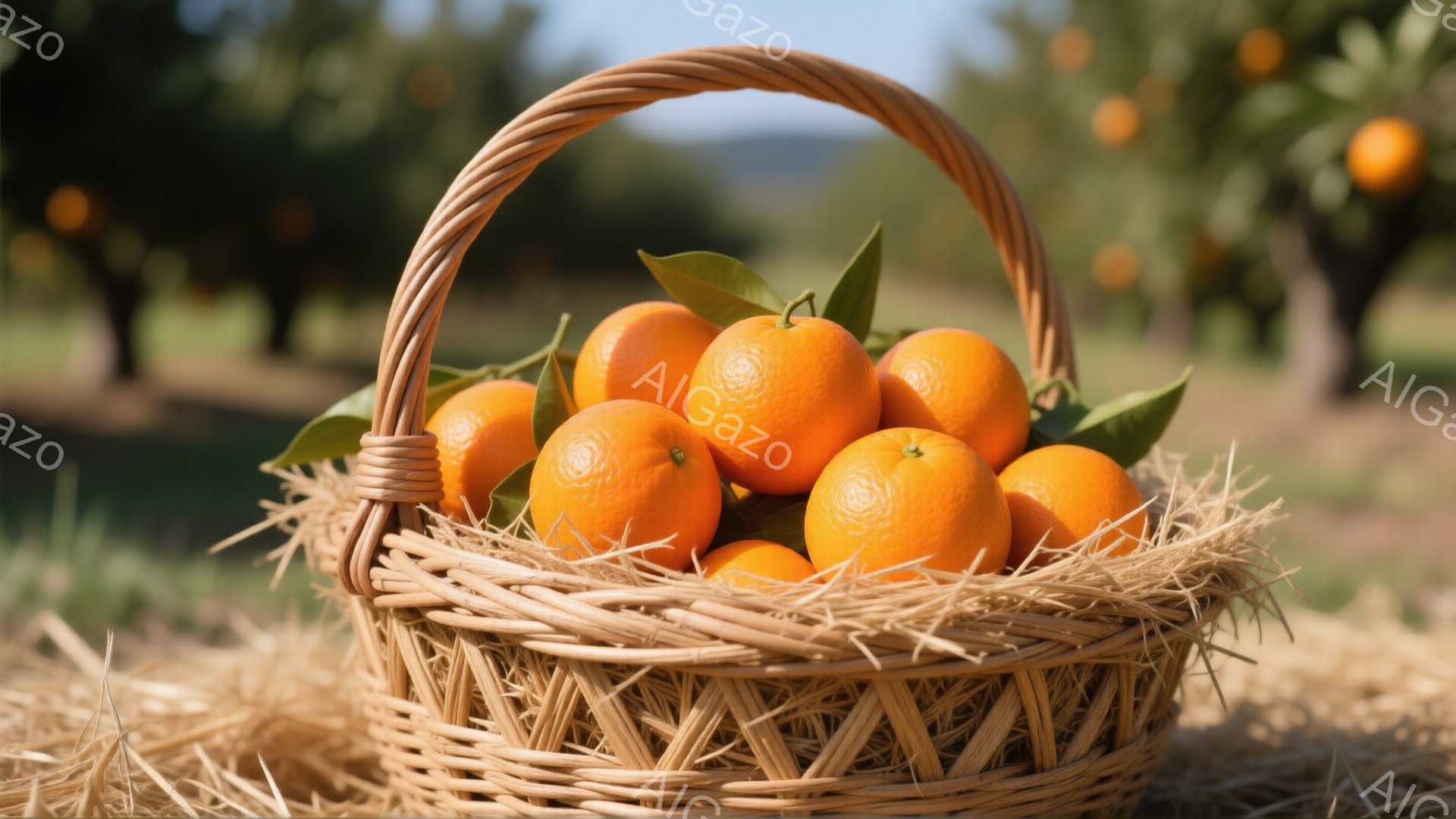 籠の中に鮮やかなオレンジが盛り込まれ、緑の葉が添えられています。背景にはぼやけたオレンジの木々が広がり、穏やかで暖かな日差しが感じられます。全体的に、収穫の喜びと自然の恵みが表現された、心地よい雰囲気 - AI生成フリー素材