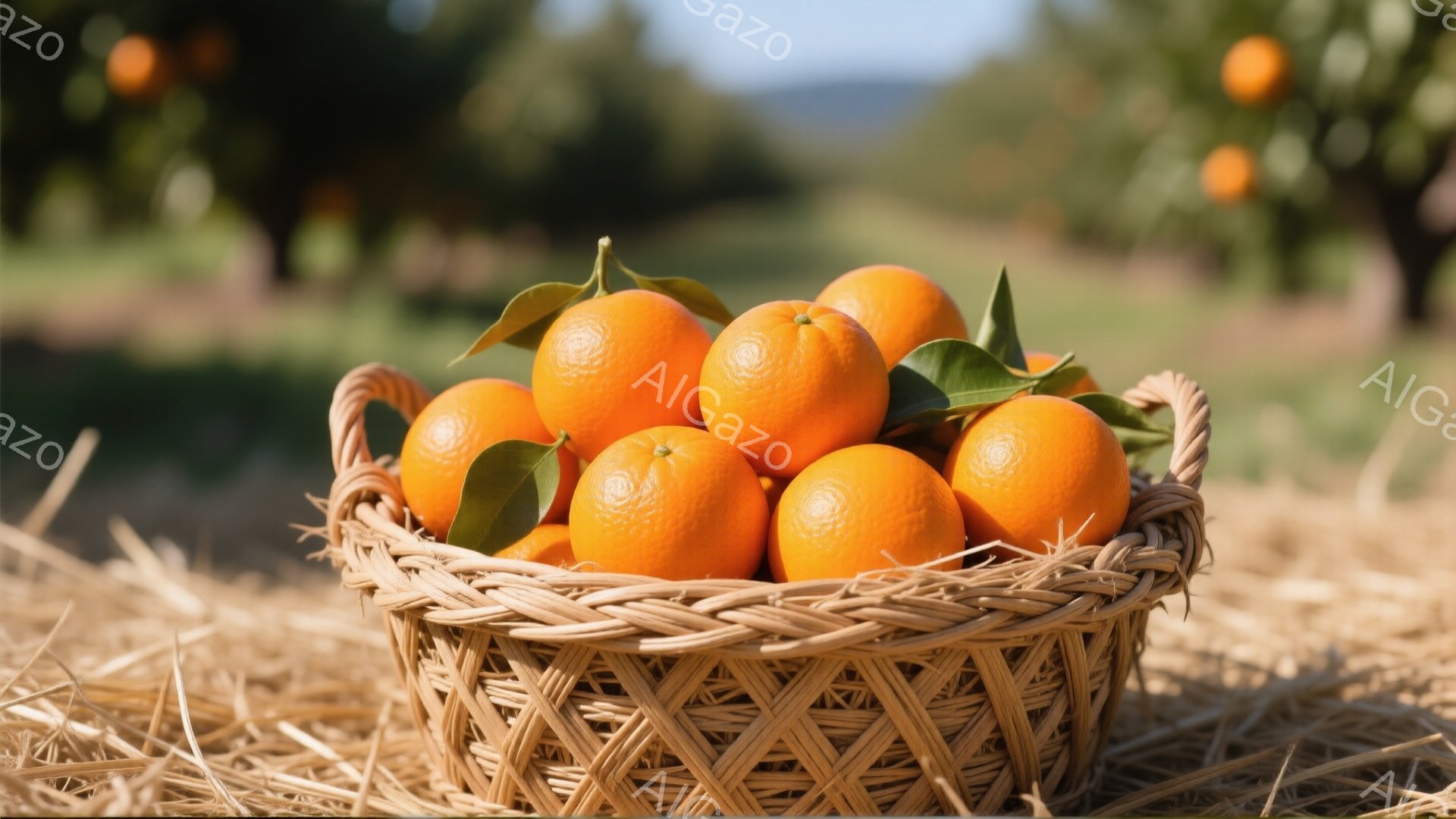 籠の中にみずみずしいオレンジがたっぷり詰まっており、鮮やかなオレンジ色が目に飛び込んできます。背景にはオレンジ畑が広がり、緑豊かな自然とオレンジの実が美しいコントラストを生み出しています。全体的に暖か - AI生成フリー素材
