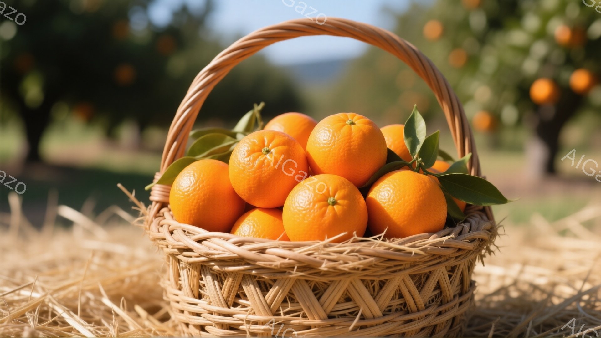 籠の中に鮮やかなオレンジがぎっしりと詰まっています。籠は藁の上に置かれており、背景にはオレンジの木とぼやけた風景が広がっています。全体的に暖かく、収穫の喜びを感じさせる雰囲気です。