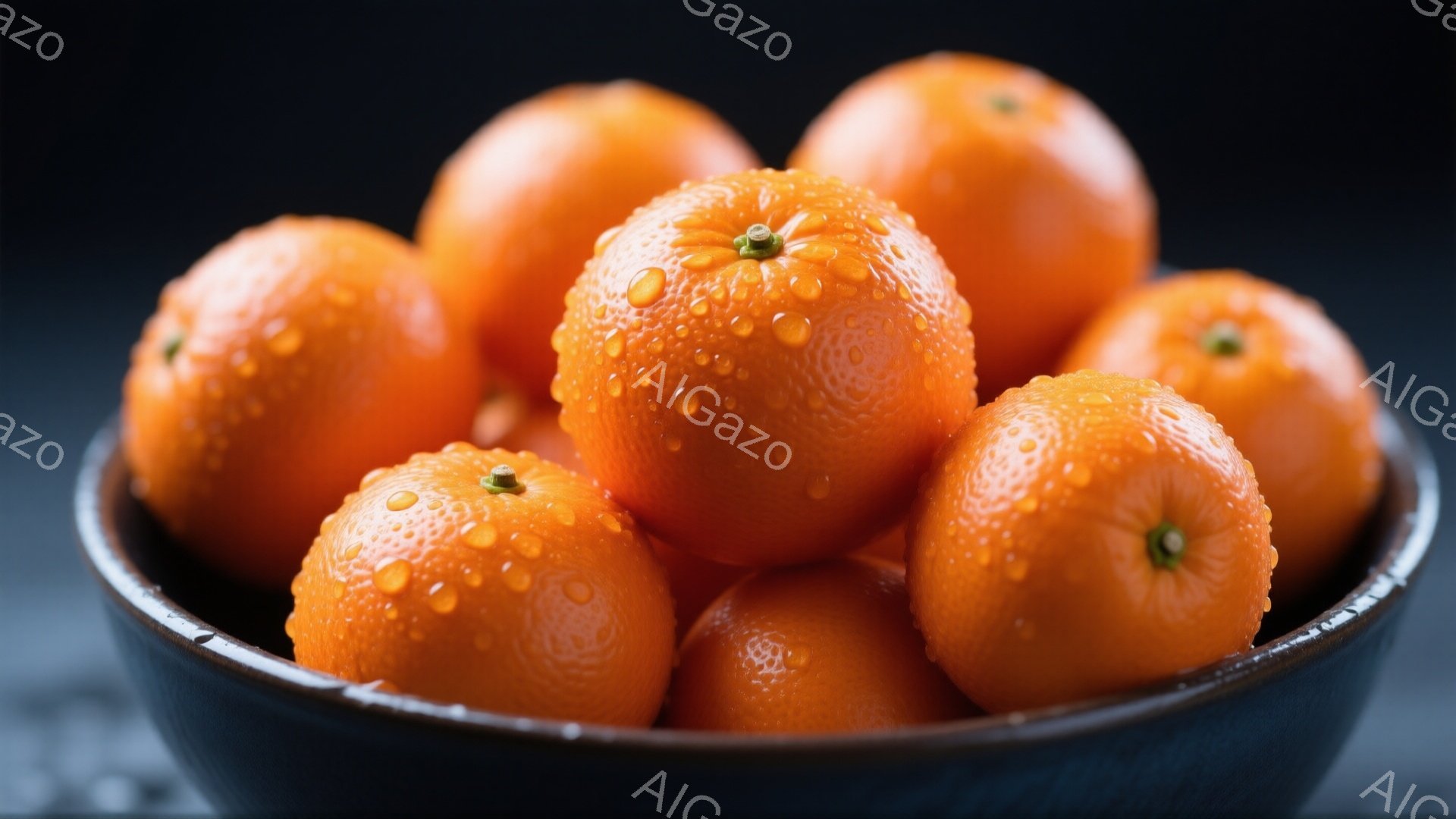 鮮やかなオレンジ色の柑橘類が、少し暗い色のボウルに山積みになっています。果実の表面には水滴が輝き、みずみずしさを強調しています。背景は濃いグレーで、果物の鮮やかな色が際立っています。