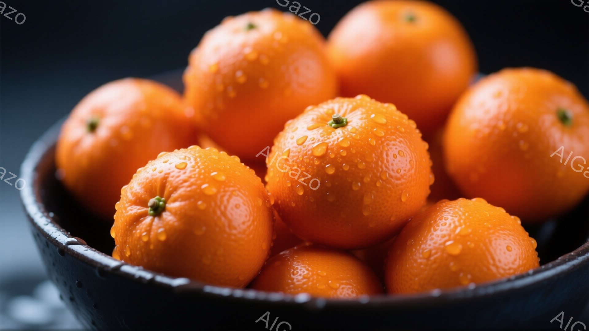 鮮やかなオレンジ色の柑橘類が、黒い陶器のような器の中にたくさん詰まっています。果実の表面には水滴が光り、みずみずしさを強調しています。背景は暗く、果実の鮮やかさが際立ち、全体的に落ち着いた、食欲をそそる雰囲気です。
