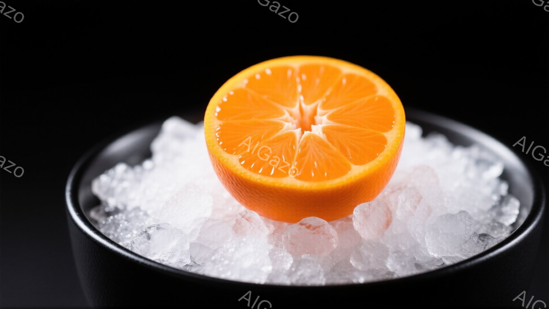 鮮やかなオレンジが氷の上に置かれた写真です。オレンジは半分にカットされており、果肉の断面がはっきりと見えます。黒い器とのコントラストが印象的で、涼しげで爽やかな雰囲気を醸し出しています。 - AI生成フリー素材