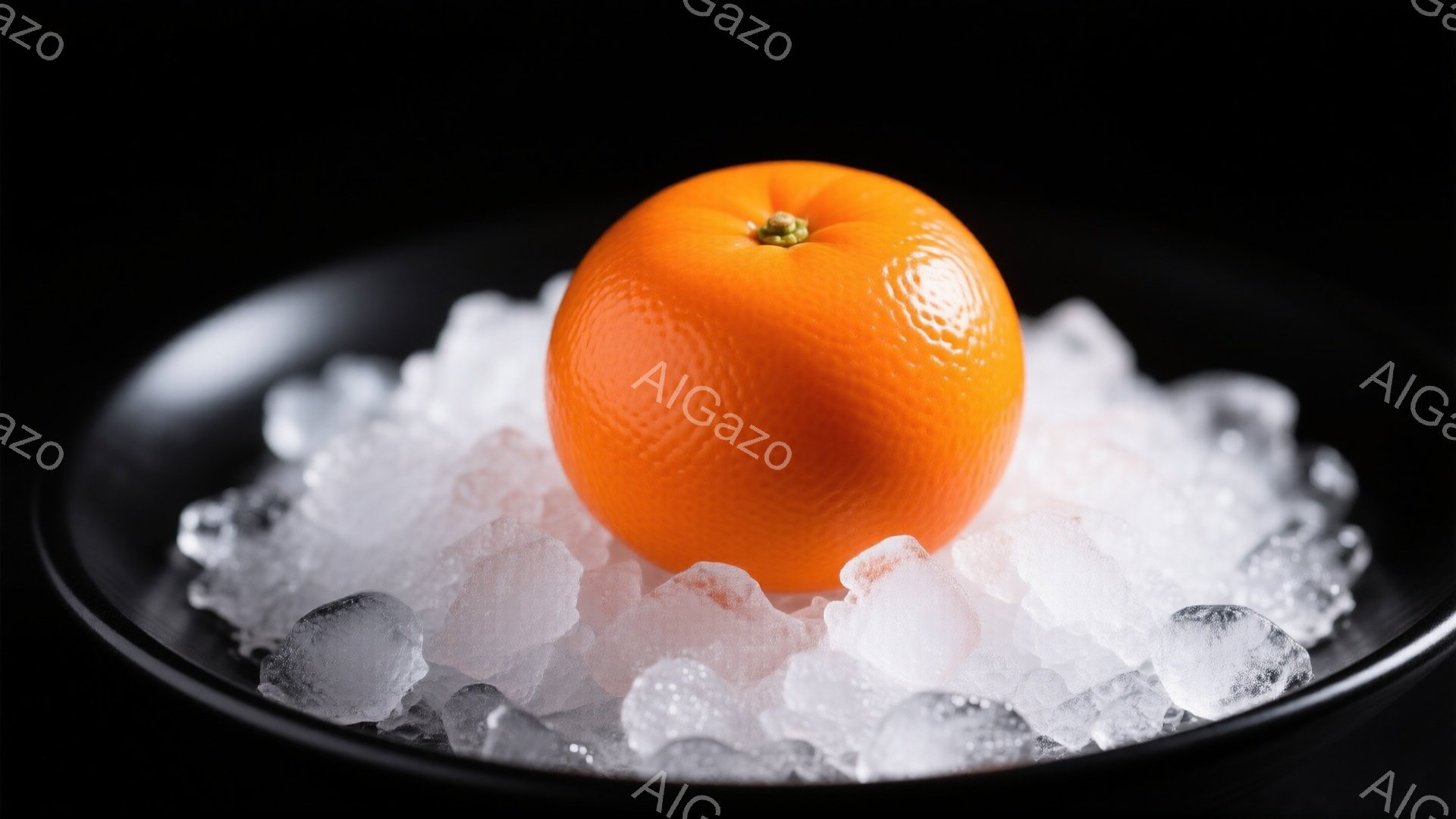 鮮やかなオレンジ色のオレンジが、砕いた氷の上に置かれています。背景は真っ黒で、オレンジと氷のコントラストが際立っています。全体的に涼しげで、爽やかな印象を与える写真です。