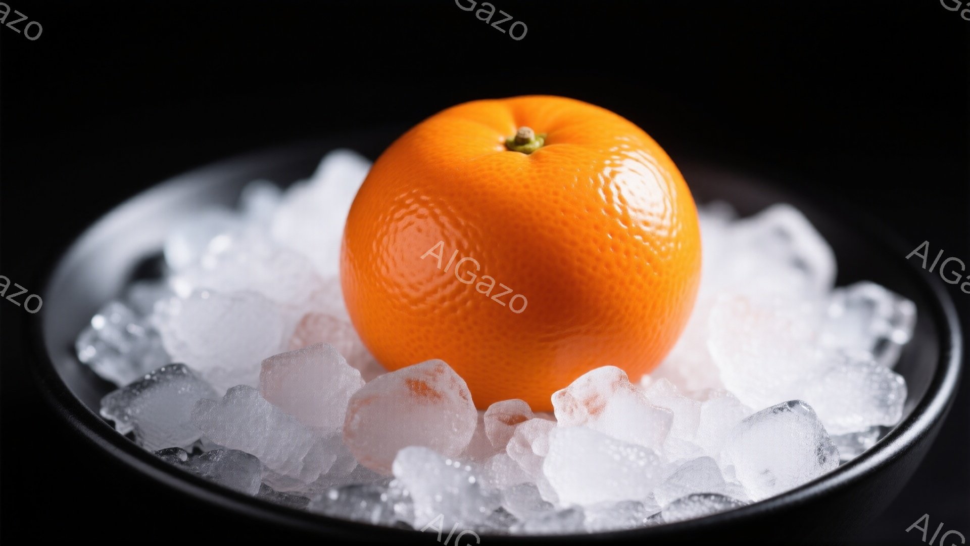 オレンジが黒い皿の中に氷の上に置かれています。オレンジの表面は鮮やかで、氷の白さとコントラストをなしています。背景は暗く、オレンジと氷が際立って見えます。 - AI生成フリー素材
