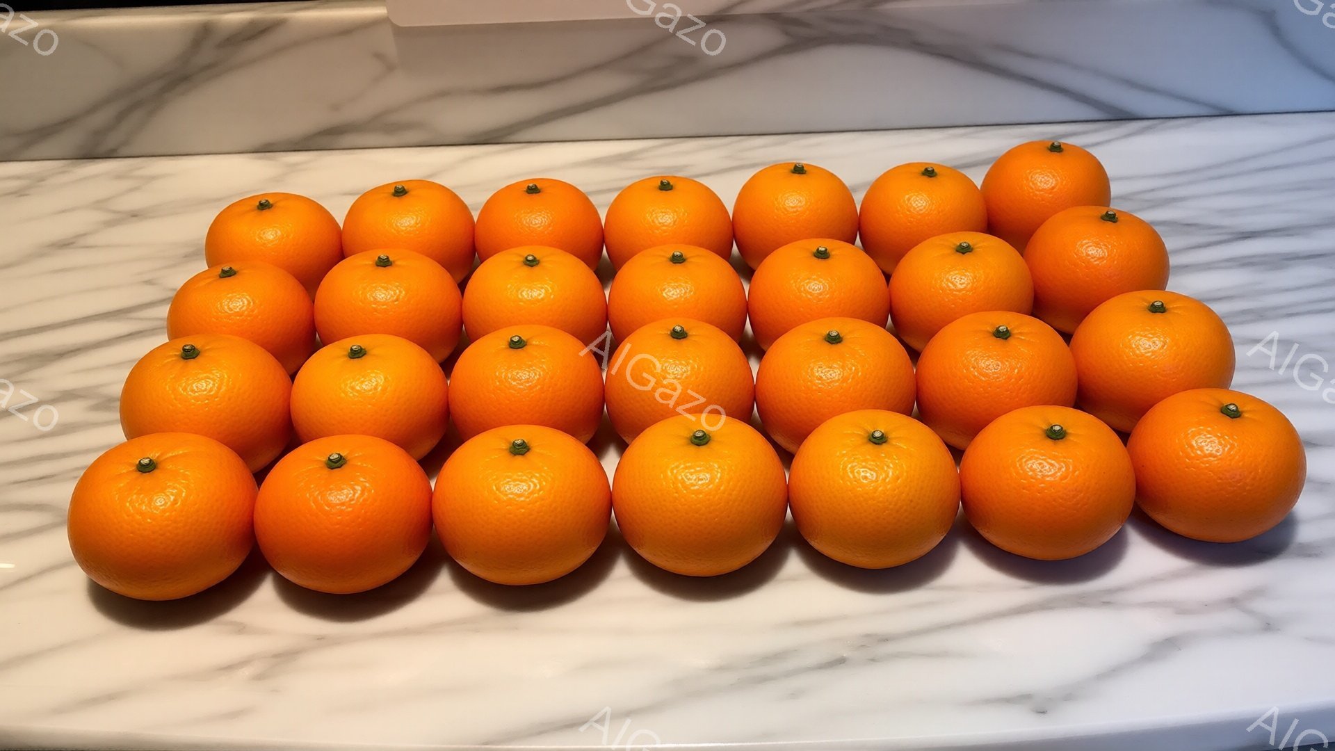 鮮やかなオレンジ色のオレンジが、白い大理石のような表面に整然と並べられています。オレンジはすべてほぼ同じ大きさで、つややかな外観をしています。背景はシンプルで、オレンジが際立って見えます。