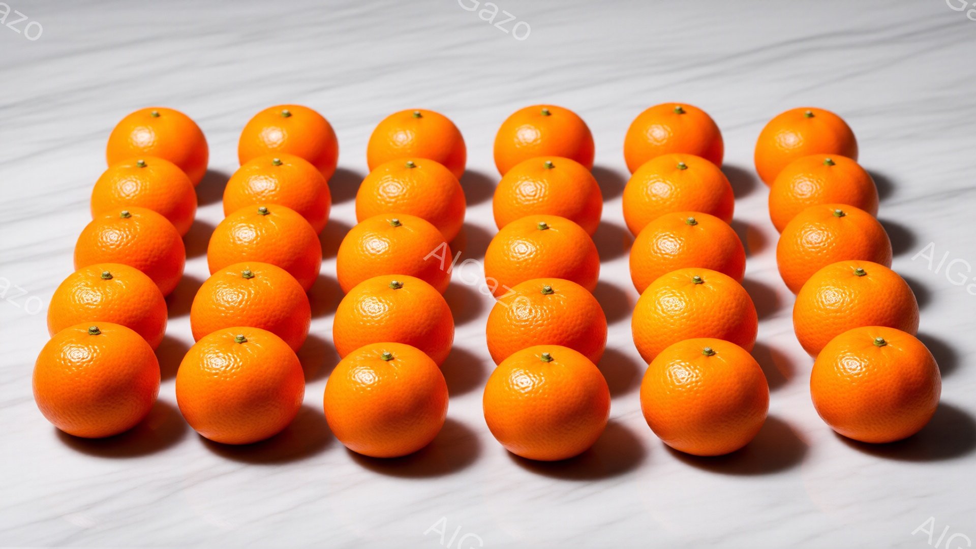 鮮やかなオレンジが白い大理石のような背景に整然と並べられています。オレンジは均一な大きさで、影がはっきりと落ちています。全体的に清潔感があり、ミニマルな印象を与える静物画です。