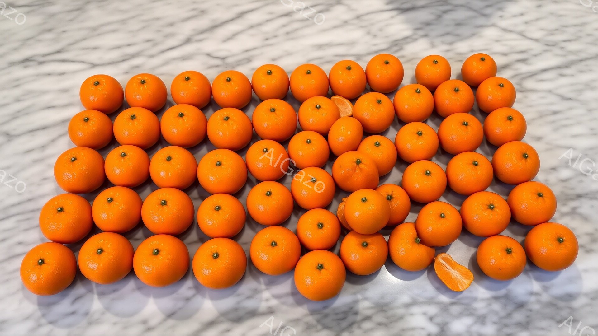 画像には、白大理石のような表面に、みかんが大量に並べられています。みかんは鮮やかなオレンジ色で、それぞれほぼ同じ大きさで丸みを帯びています。右下には、半分に割られたみかんが一つだけあり、それ以外のものはすべて形が整っています。