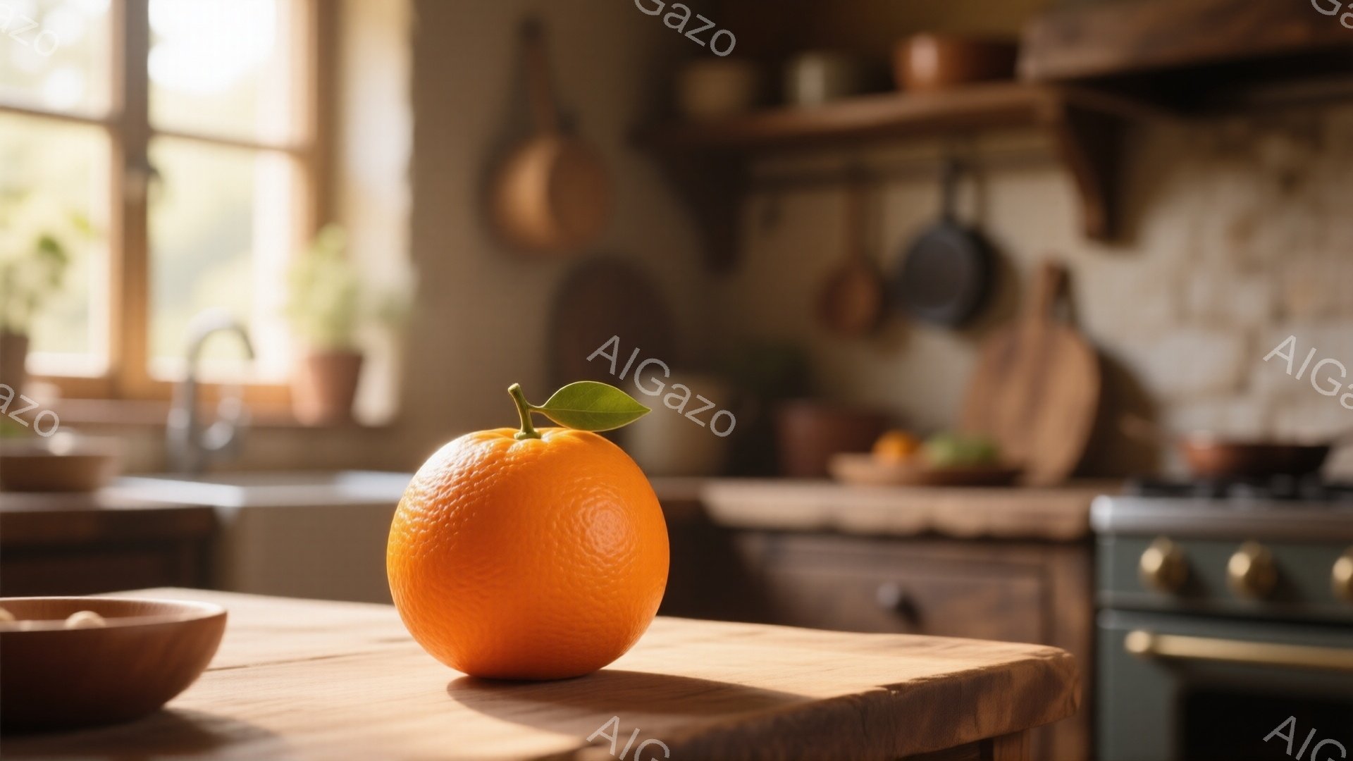 暖かく光が差し込むキッチンの一角に、鮮やかなオレンジが置かれている。木製のカウンターの上には、陶器の小皿も添えられており、背景には調理器具が並んだ棚や、緑色のストーブが見える。全体的に温かく、穏やかな家庭的な雰囲気が漂っている。