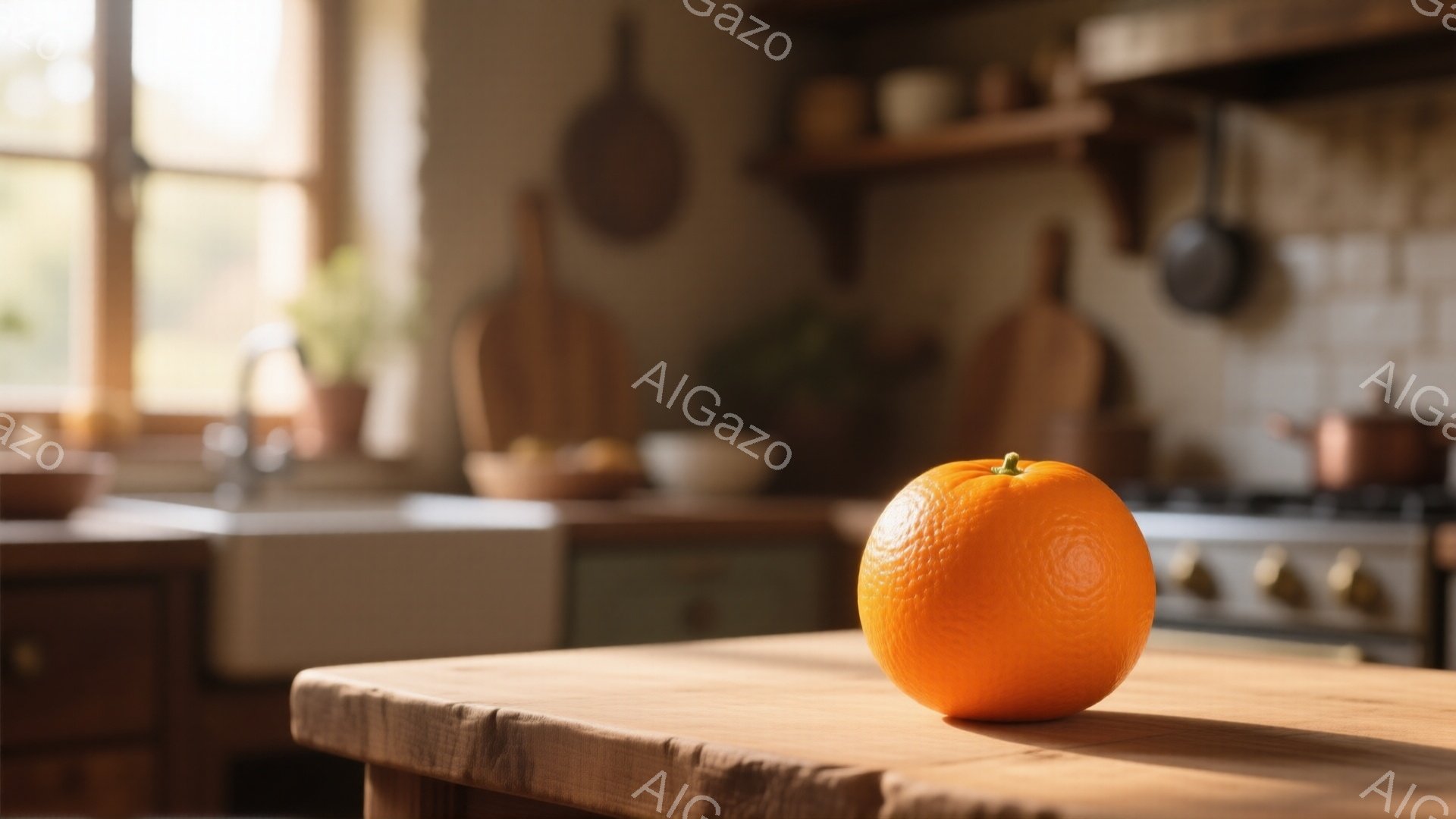 粗い木製のテーブルの上の、鮮やかなオレンジ色のオレンジが焦点となっています。背景には、クリーム色のキャビネット、調理器具が飾られた棚、そしてガスコンロが見え、家庭的なキッチンの一角を思わせます。全体的に暖色系の色調で、穏やかで居心地の良い雰囲気が漂っています。