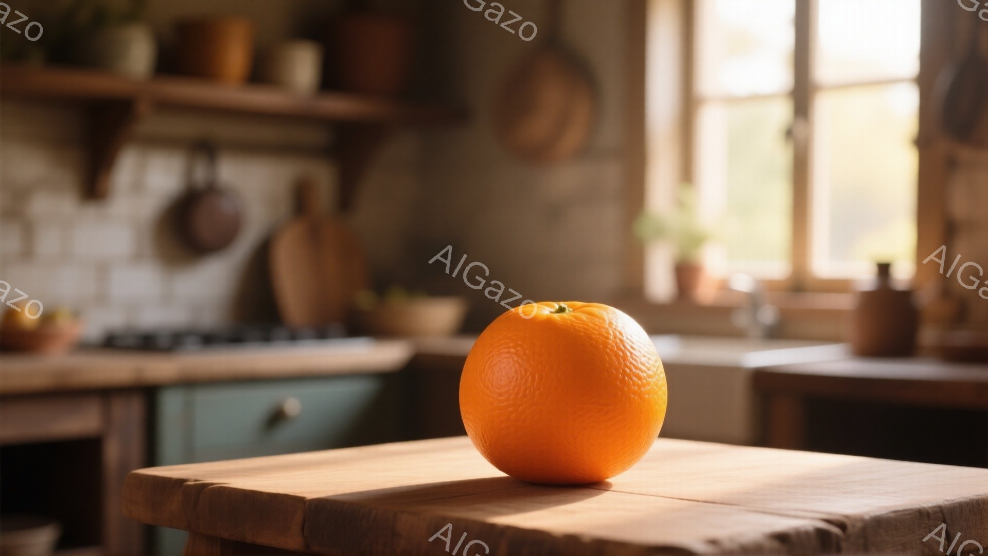 暖炉の木製テーブルの上に鮮やかなオレンジが置かれています。背景には、素朴なキッチン、陶器の道具が並んだ棚、そして明るい光が差し込む窓が見えます。全体的に、温かみがあり、家庭的な雰囲気が漂っています。