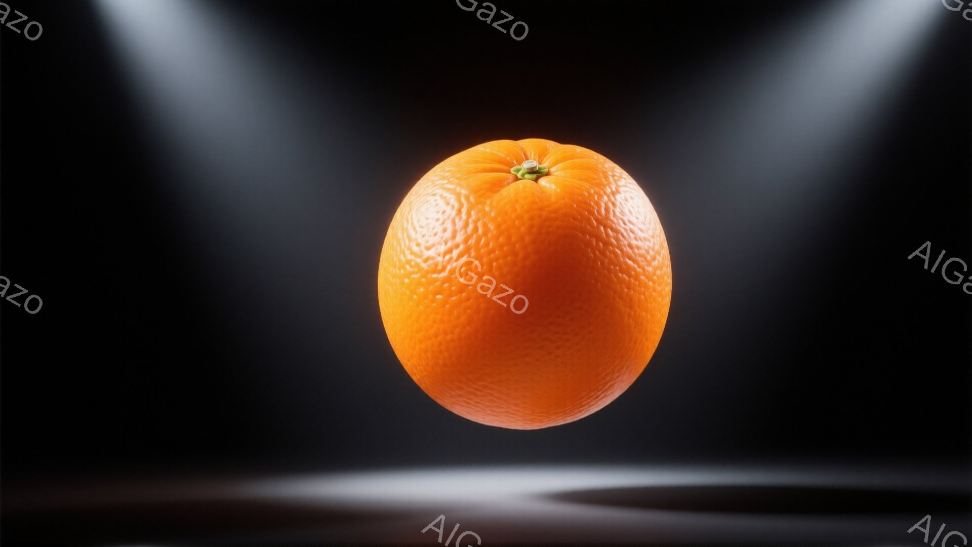 鮮やかなオレンジが暗い背景に浮かび上がり、強いスポットライトに照らされています。表面はテクスチャがはっきりとしており、果実の質感と鮮やかさを強調しています。下部にはぼやけた白い光が広がり、奥行きとドラマチックな雰囲気を生み出しています。