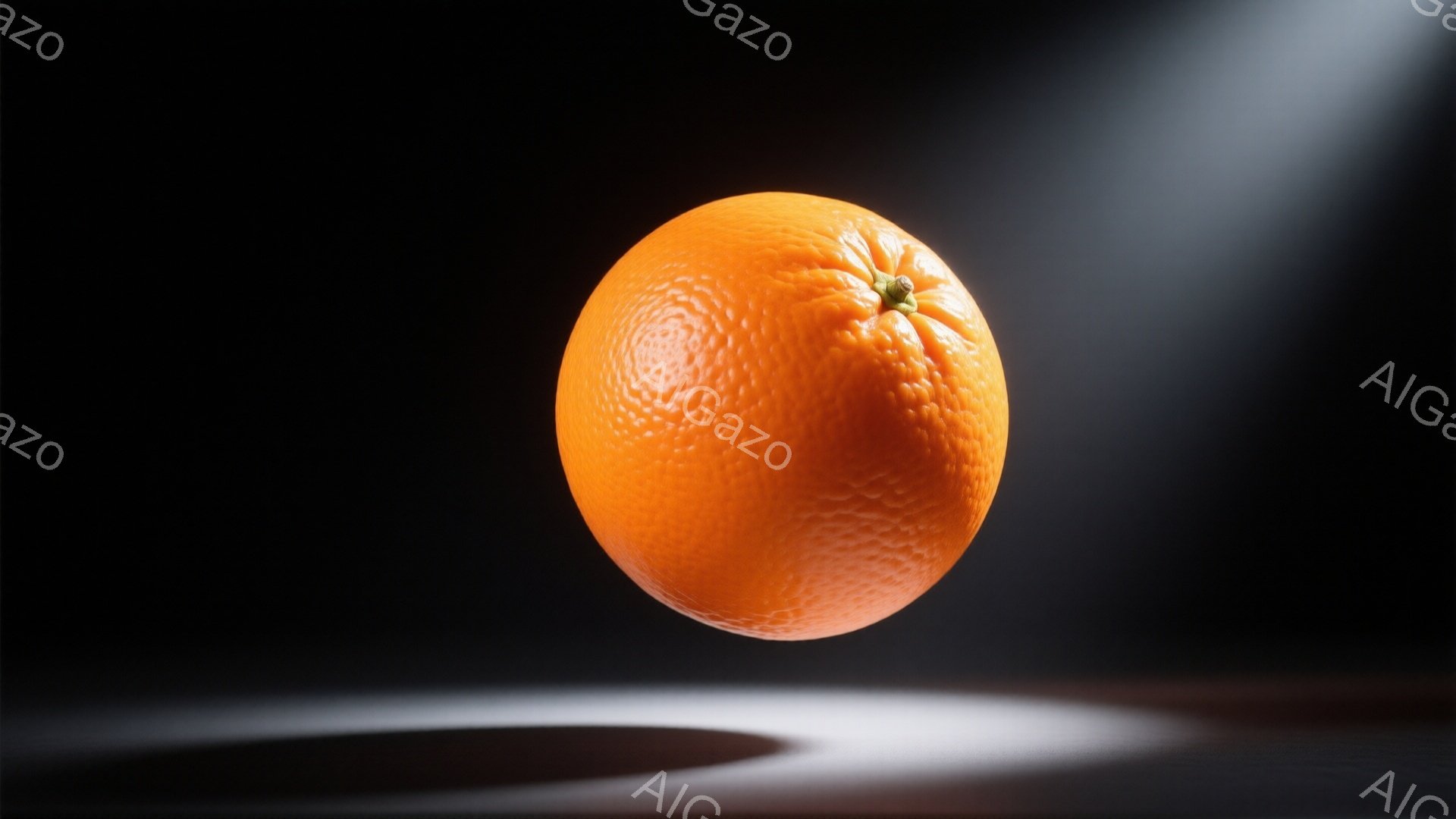 鮮やかなオレンジ色が印象的なオレンジが、暗い背景に浮かび上がっています。光がオレンジの表面を照らし、丸みを帯びた質感と凹凸を際立たせています。下にはぼんやりとした影が伸び、奥行きを感じさせるシンプルな構成です。