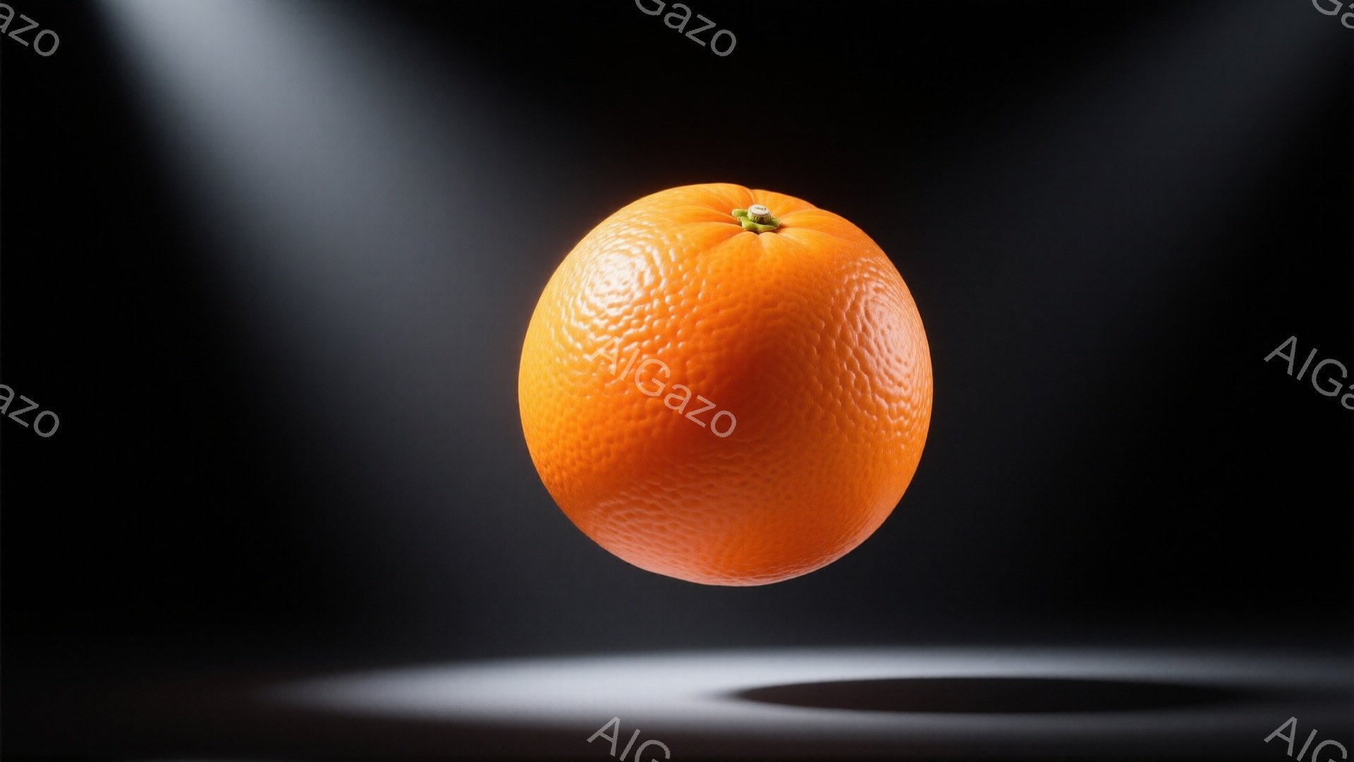 鮮やかなオレンジが、暗い背景に浮かび、スポットライトによって照らされている。その表面は細かく凹凸があり、まるでリアルな質感を持っているように見える。影が床に映り込み、奥行きと立体感を強調している。