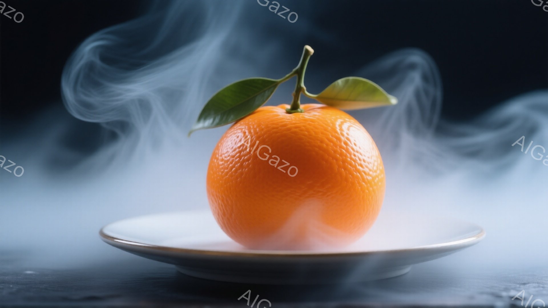 鮮やかなオレンジが白い皿の上に置かれており、葉っぱが一本付いています。背景は霧のような白い煙で満たされ、暗いグレーの表面がわずかに見えます。全体的に、神秘的で、落ち着いた雰囲気を醸し出しています。