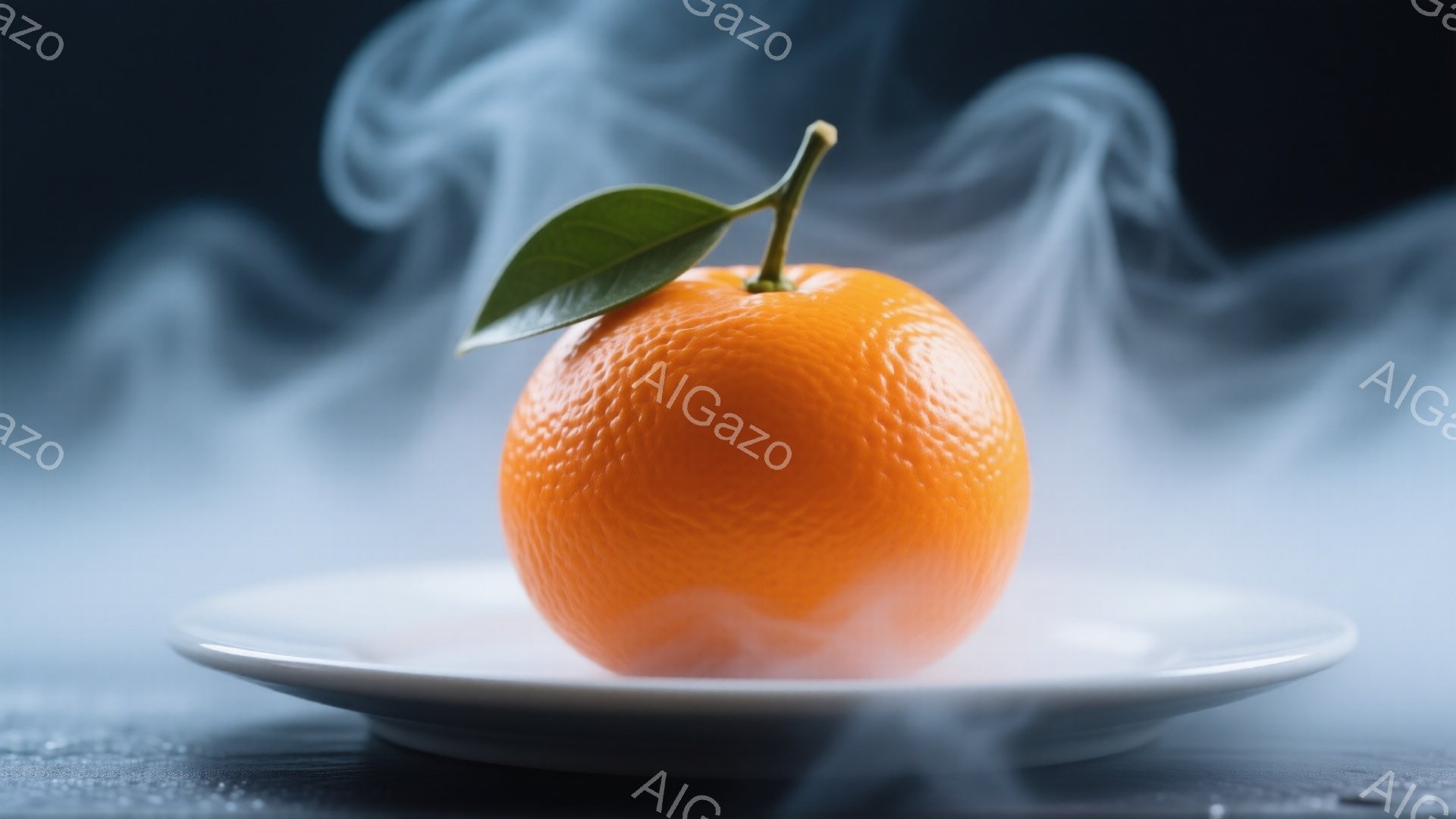 鮮やかなオレンジ色のオレンジが白い皿の上に置かれ、緑色の葉が茎の上に乗っています。背景はぼやけた青灰色で、まるで蒸気が立ち込めているような幻想的な雰囲気を作り出しています。オレンジの表面の質感と、光の反射が強調され、まるで絵画のような美しさです。