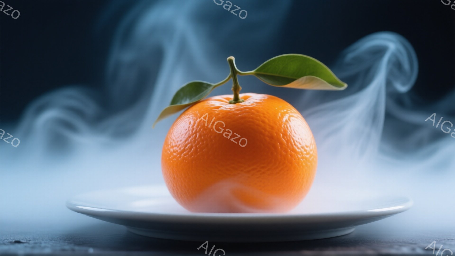 鮮やかなオレンジ色のオレンジが白い皿の上に置かれています。背景には青みがかった煙のようなものが漂い、神秘的な雰囲気を醸し出しています。オレンジには緑色の葉がついており、まるで冷たい空気の中で生き生きと輝いているようです。