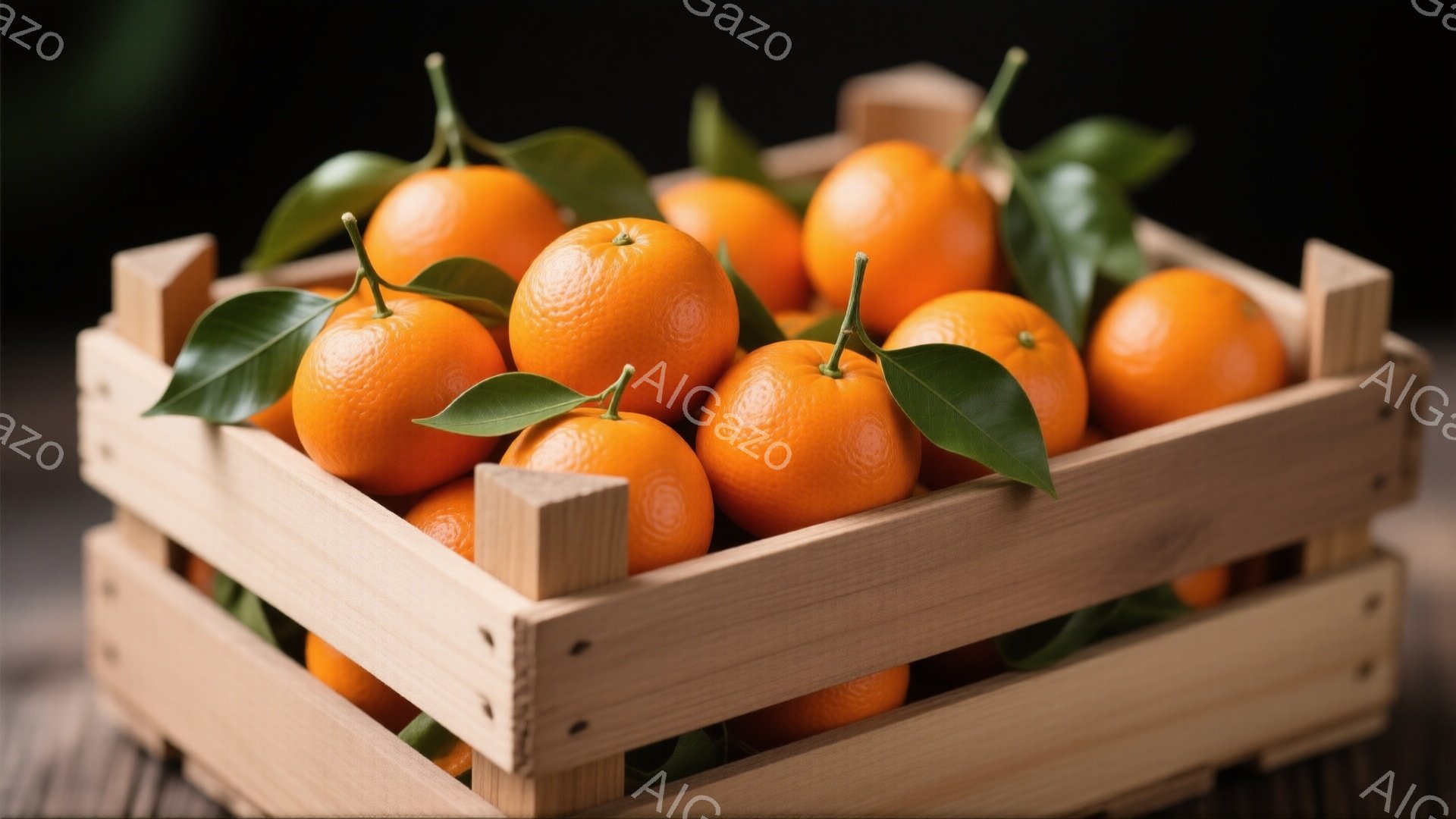 木箱の中にみかんがぎっしりと詰まっています。鮮やかなオレンジ色の果実と緑の葉が、木箱の自然な色合いと対照的で、食欲をそそります。背景は暗く、みかんの明るい色が強調されています。 - AI生成フリー素材