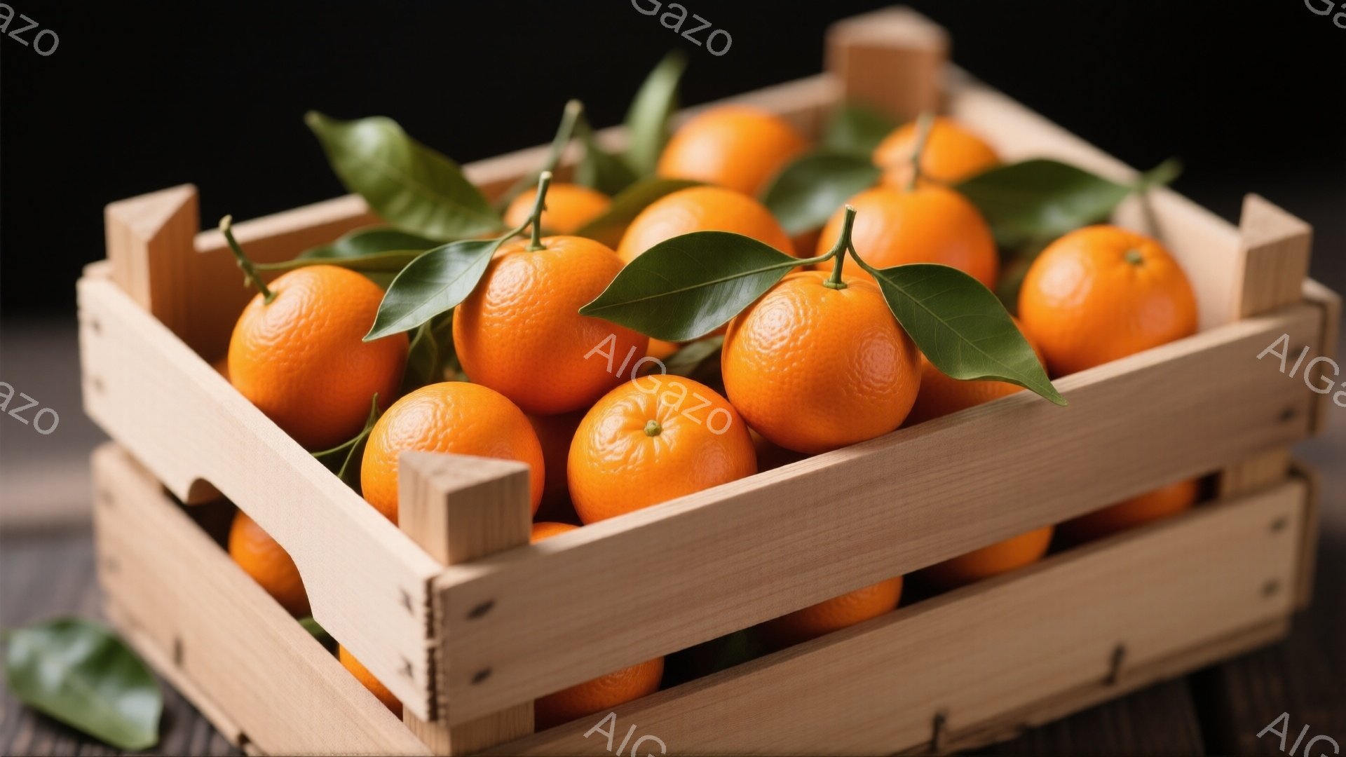 浅い木製の箱の中に、みずみずしいオレンジが所狭しと並べられています。鮮やかなオレンジ色と緑の葉が目に優しく、全体的に暖かく自然な雰囲気を醸し出しています。背景は暗く、オレンジの鮮やかさを際立たせていま - AI生成フリー素材