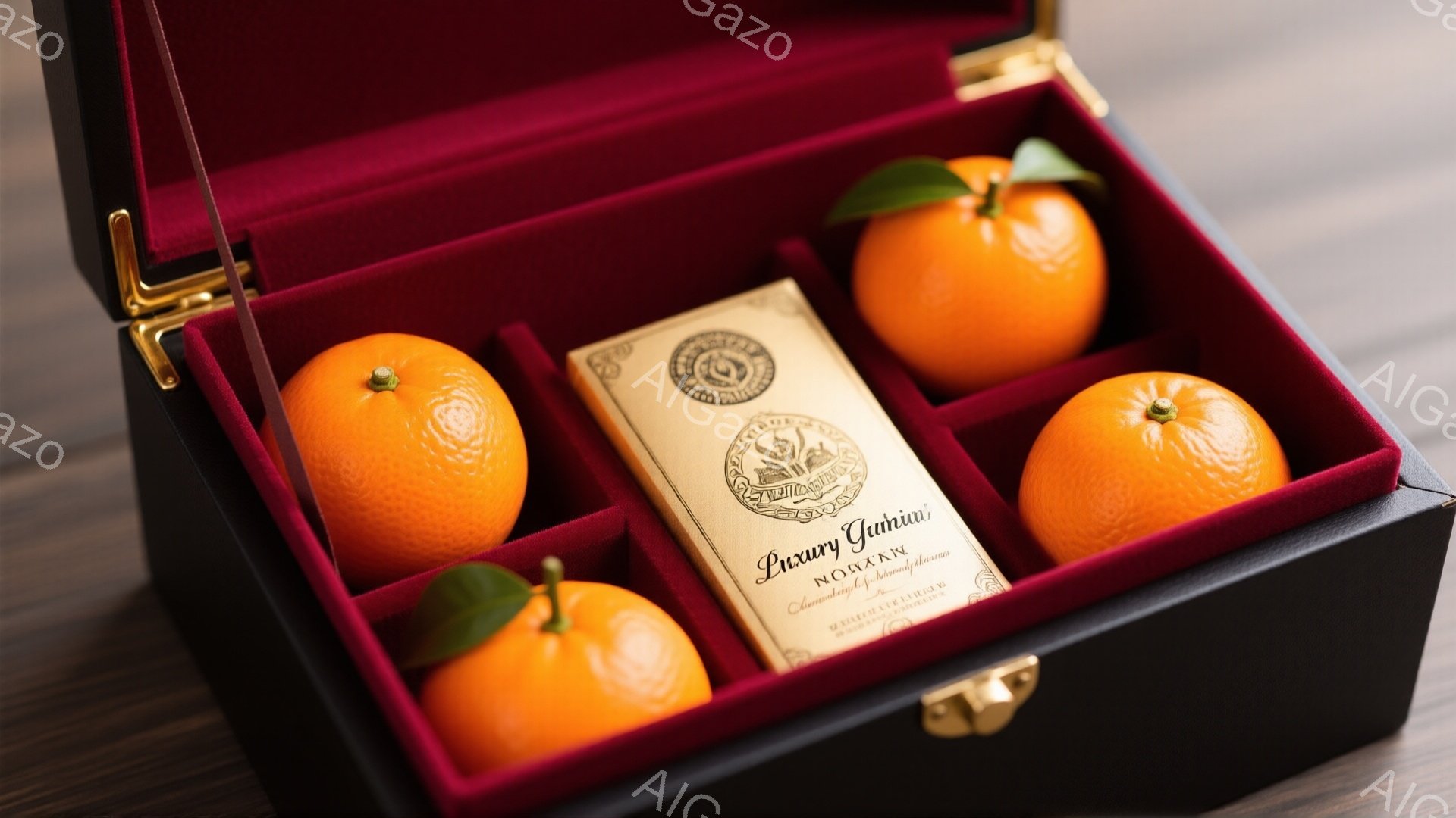 深紅色の内張りの箱の中に、みかんが四つと、金色のパッケージが一つ入っています。みかんは鮮やかなオレンジ色で、箱とのコントラストが美しいです。豪華な包装とみかんの組み合わせから、特別な贈り物やイベントを連想させます。