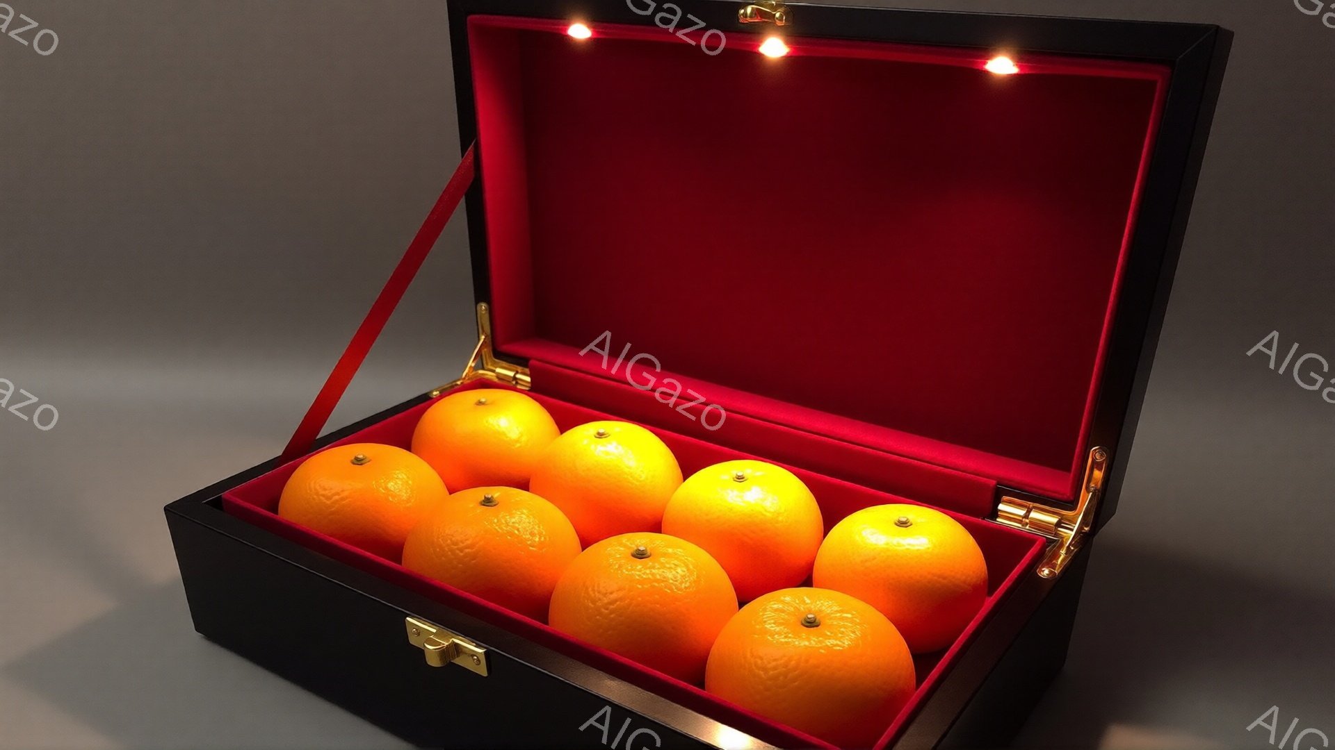 鮮やかなオレンジが、内側が赤いベルベットのような生地で覆われた黒い箱の中に整然と並べられています。箱は開いており、光沢のある金色の留め金がついています。全体的に高級感があり、贈り物や特別な機会を想起させる雰囲気です。