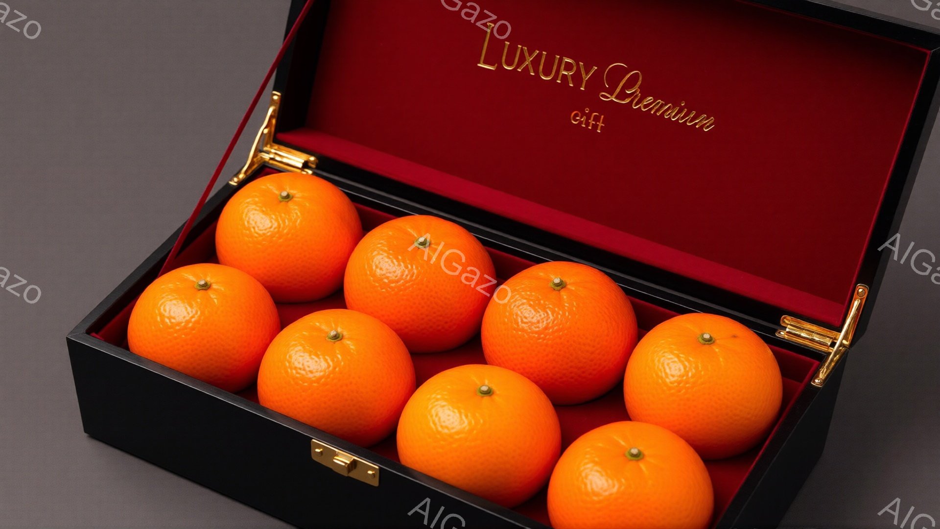 深い黒色の箱の中に、鮮やかなオレンジ色のオレンジが7つ並んでいます。箱の内側は赤いベルベットで覆われており、オレンジの鮮やかさを引き立てています。高級感のあるギフトとして、特別な機会や贈り物にふさわし - AI生成フリー素材