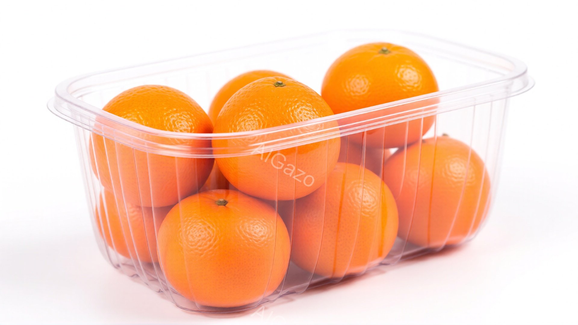 透明なプラスチックの容器にオレンジがぎっしりと詰まっています。オレンジは鮮やかなオレンジ色で、表面には小さな突起が見られます。背景は白一色で、オレンジの鮮やかさが際立っています。 - AI生成フリー素材