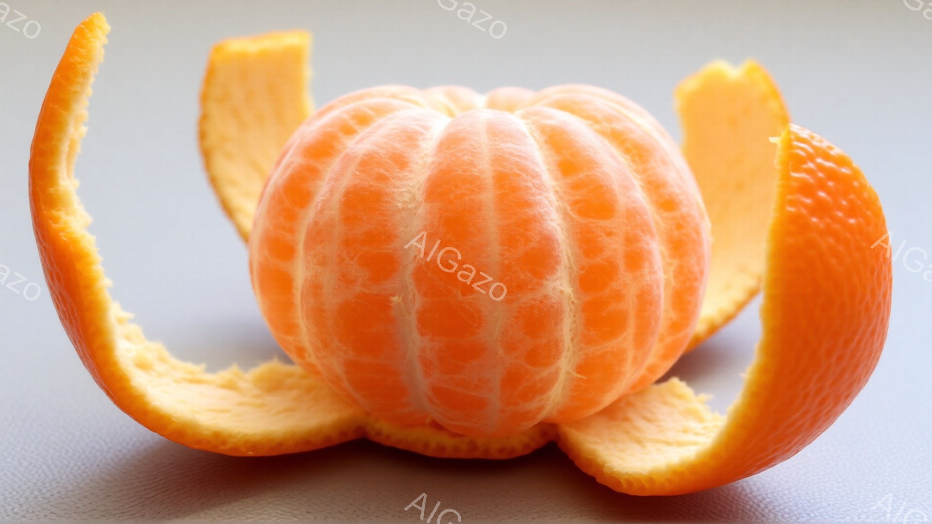 鮮やかなオレンジ色の柑橘類が、剥きかけの状態で中央に配置されている。果皮はねじれ、波打ちながら外側に広がり、まるで花びらのように見える。背景は淡いグレーで、果物の鮮やかさを際立たせている。 - AI生成フリー素材