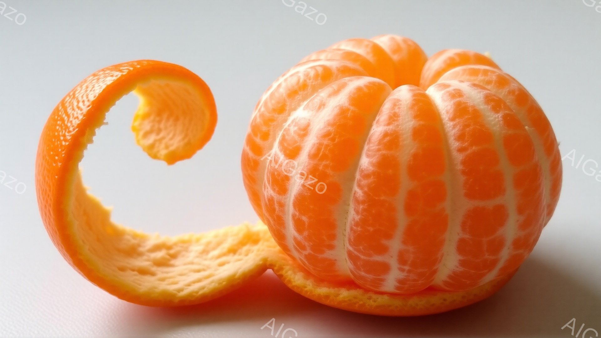 画像は、皮がむかれたみかんが写っています。みかんは鮮やかなオレンジ色で、独特のゴマ模様がはっきりと見えます。むかれた皮は渦巻状に伸びており、背景は均一な白で、みかんの色を引き立てています。