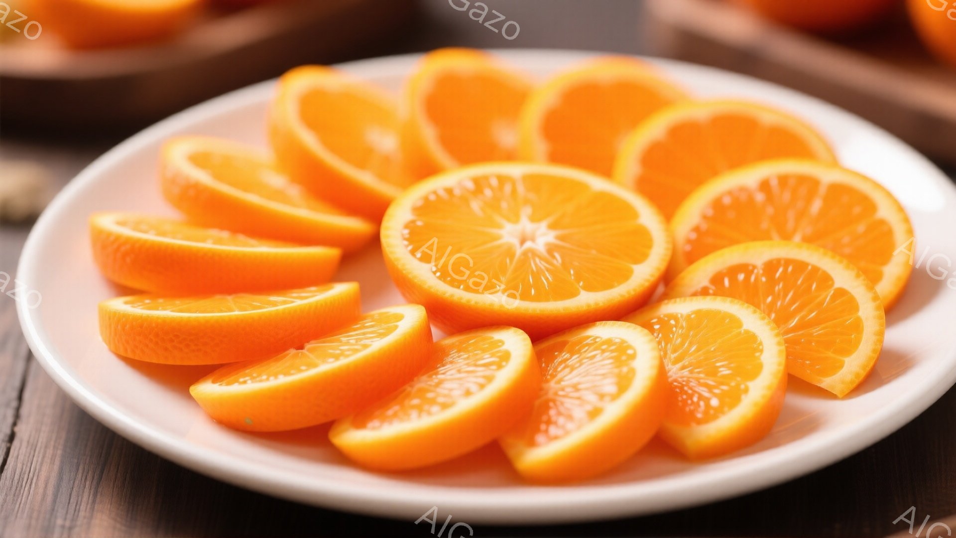 白い皿に、スライスされたオレンジが並べられています。オレンジは鮮やかなオレンジ色で、種子が見え、みずみずしい果肉が美味しさを伝えています。背景は木製のテーブルで、暖かく、健康的で食欲をそそる雰囲気を醸 - AI生成フリー素材