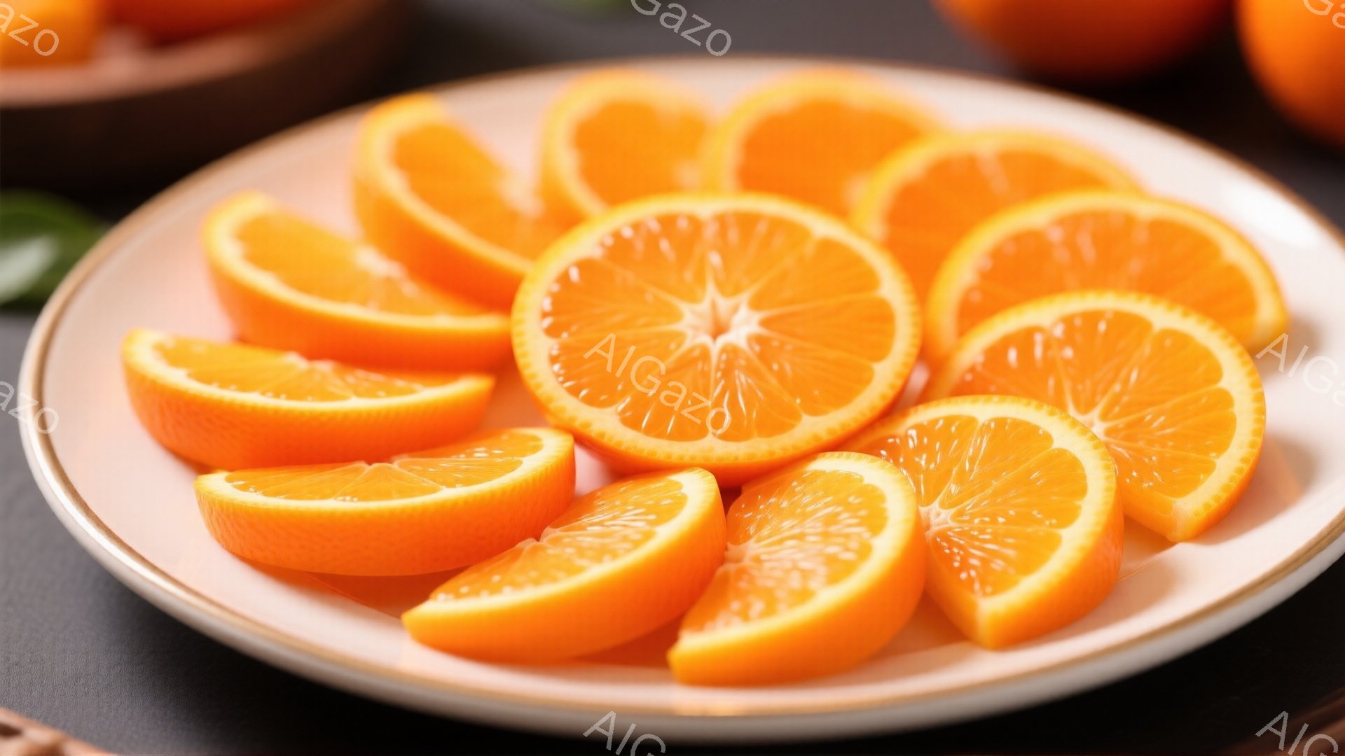 オレンジのスライスが白と金色の縁取りのある皿に美しく並べられています。果肉は鮮やかなオレンジ色で、種子が見え、非常に新鮮な印象を与えます。背景は暗いグレーで、皿とオレンジのスライスが際立っており、全体的にシンプルで食欲をそそる雰囲気です。