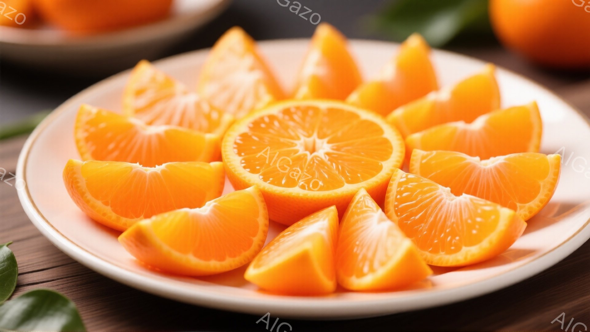 鮮やかなオレンジのスライスが白い皿に放射状に並べられています。果肉の瑞々しさが際立ち、一部のスライスは種が見えるほどです。背景は木製のテーブルで、皿の奥に他のオレンジの皿がぼやけて見えます。