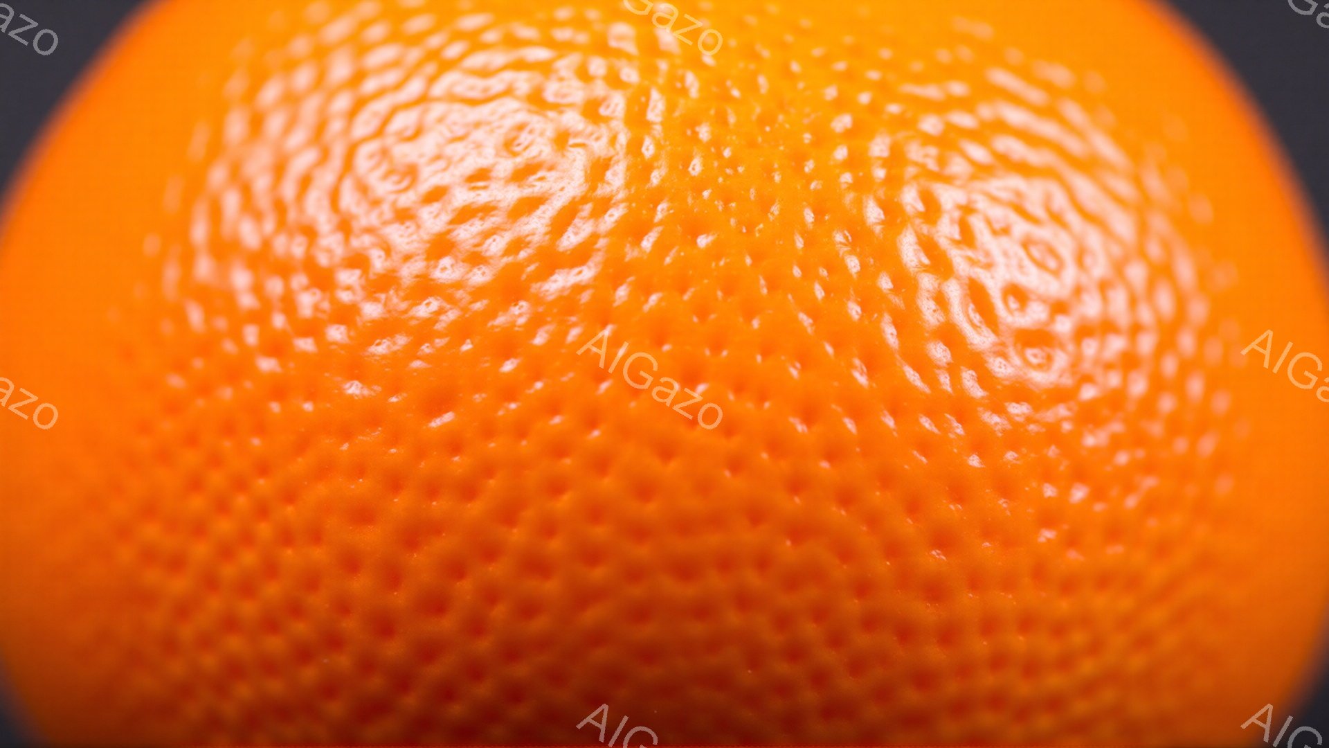 鮮やかなオレンジ色の果物、おそらくオレンジが画面いっぱいに大きく写っています。表面は凹凸があり、細かな毛穴のような質感が見て取れます。背景は暗いグレーで、オレンジの鮮やかさが際立っています。