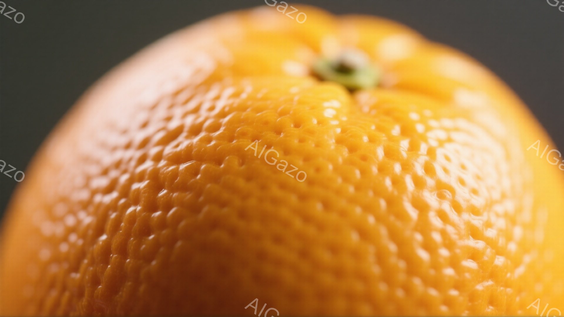 みずみずしいオレンジのクローズアップ写真で、表面の小さな凹凸がはっきりと捉えられています。果実の上部には緑色のヘタがつき、全体的に鮮やかなオレンジ色が印象的です。背景は暗いグレーで、オレンジの鮮やかさを際立たせています。