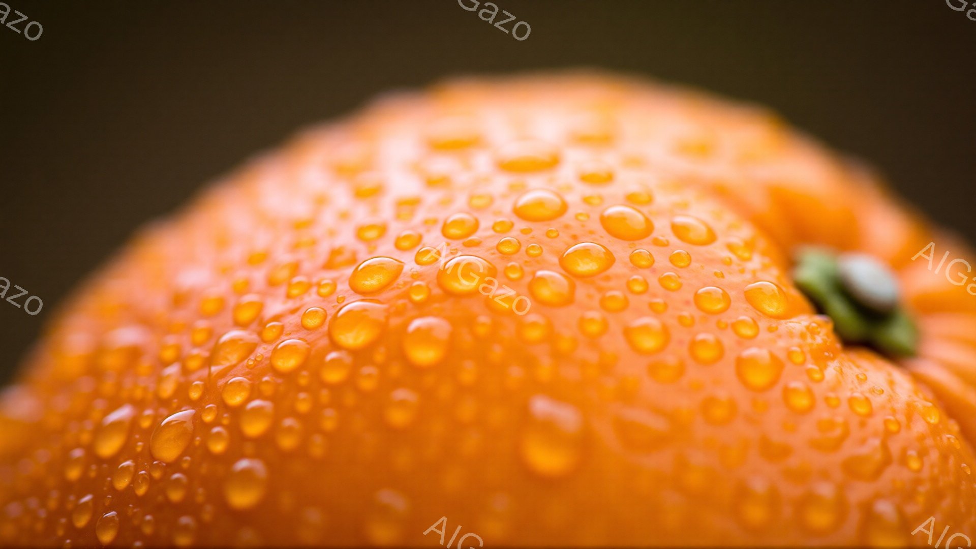 鮮やかなオレンジ色の果実が、表面に無数の水滴をまとっているクローズアップ写真です。果実の上部には、緑色の短い茎が少しだけ見えており、全体的に暖かく、みずみずしい雰囲気が漂っています。背景は暗いオレンジ色で、果実の鮮やかさを際立たせています。