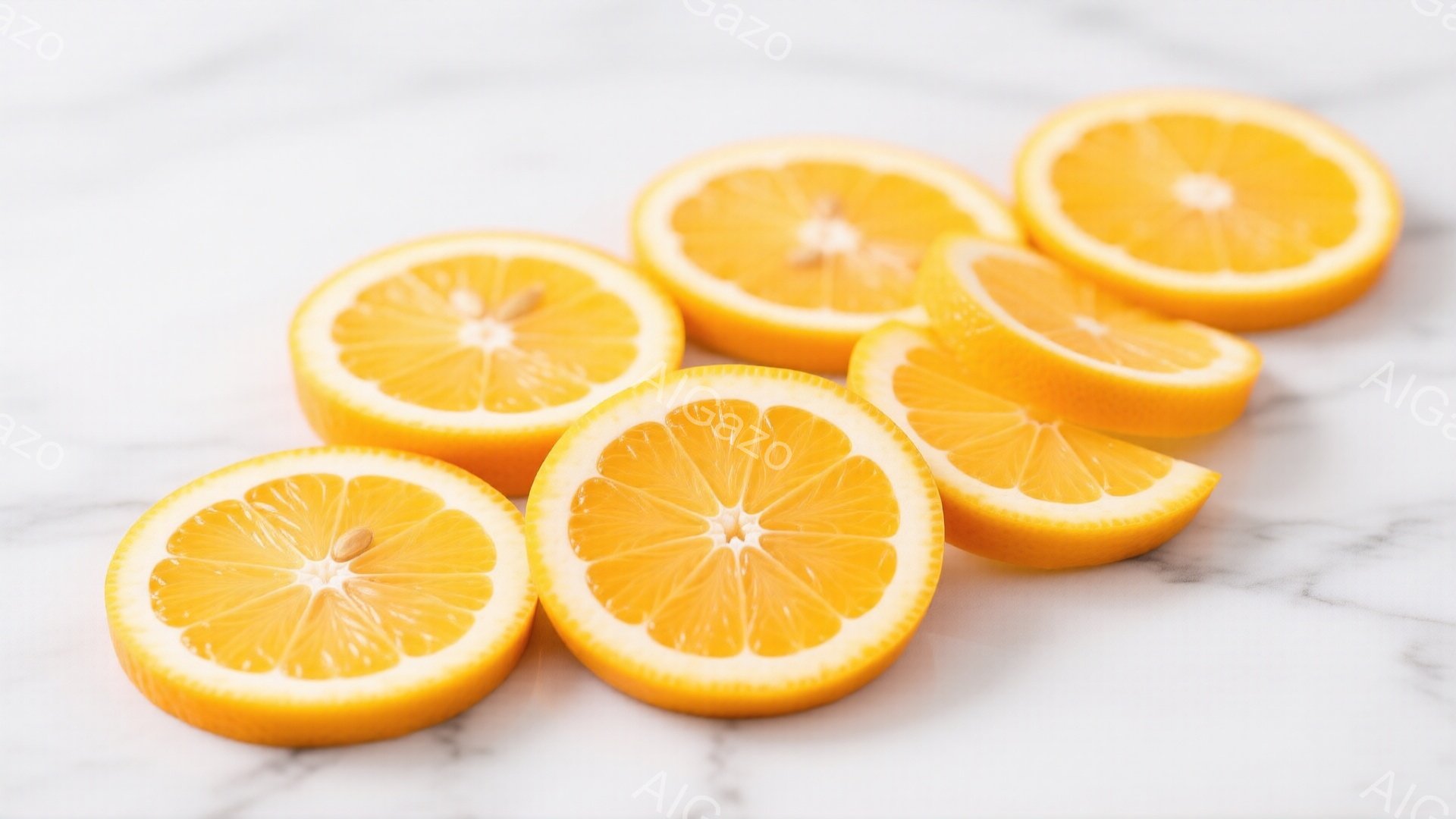 オレンジのスライスが、大理石のような白い背景の上に並べられています。オレンジの果肉は鮮やかなオレンジ色で、種もいくつか見えます。全体的に明るく、爽やかな印象を与える写真です。