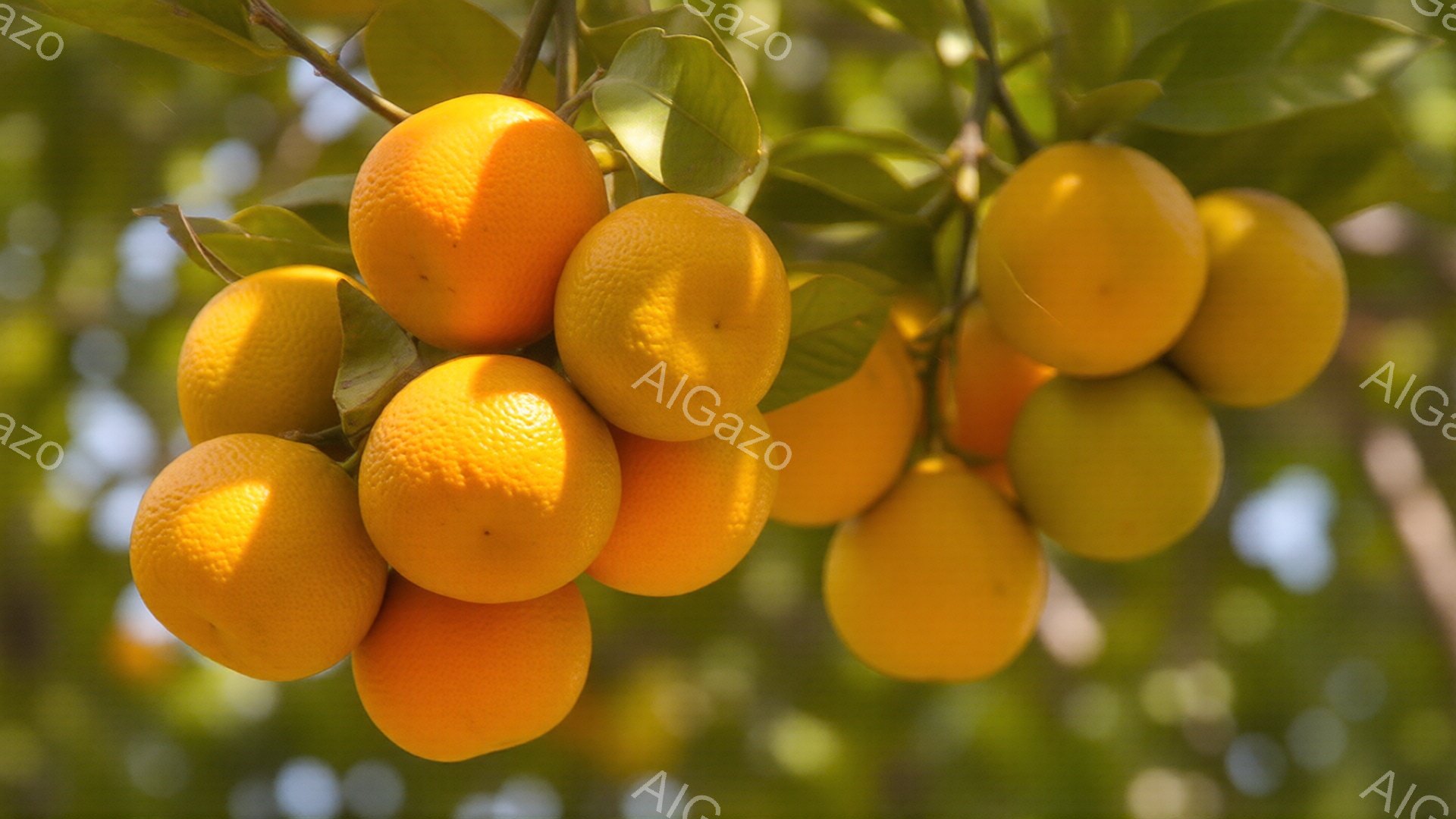 鮮やかなオレンジ色の柑橘類が、緑の葉に囲まれて枝に密集してぶら下がっている。太陽光が実を照らし、表面に自然な光沢を与えている。背景はぼやけた緑色の葉で、暖かい日差しの下、実りの秋の穏やかな雰囲気を醸し出している。