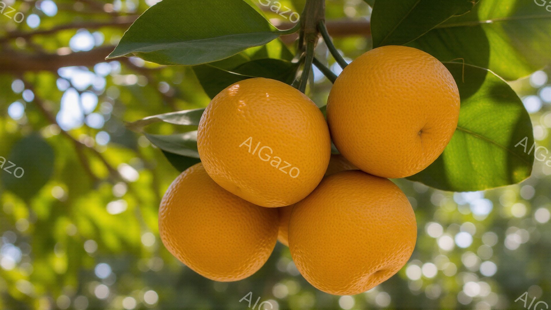 鮮やかなオレンジ色のオレンジが四つ、緑色の葉に囲まれて枝に実っている様子が写っている。太陽の光がオレンジに当たり、表面の凹凸が強調され、みずみずしい質感が出ている。背景は緑豊かな葉っぱと、ぼやけた光の粒子で、全体的に暖かく、自然の恵みを感じさせる雰囲気である。