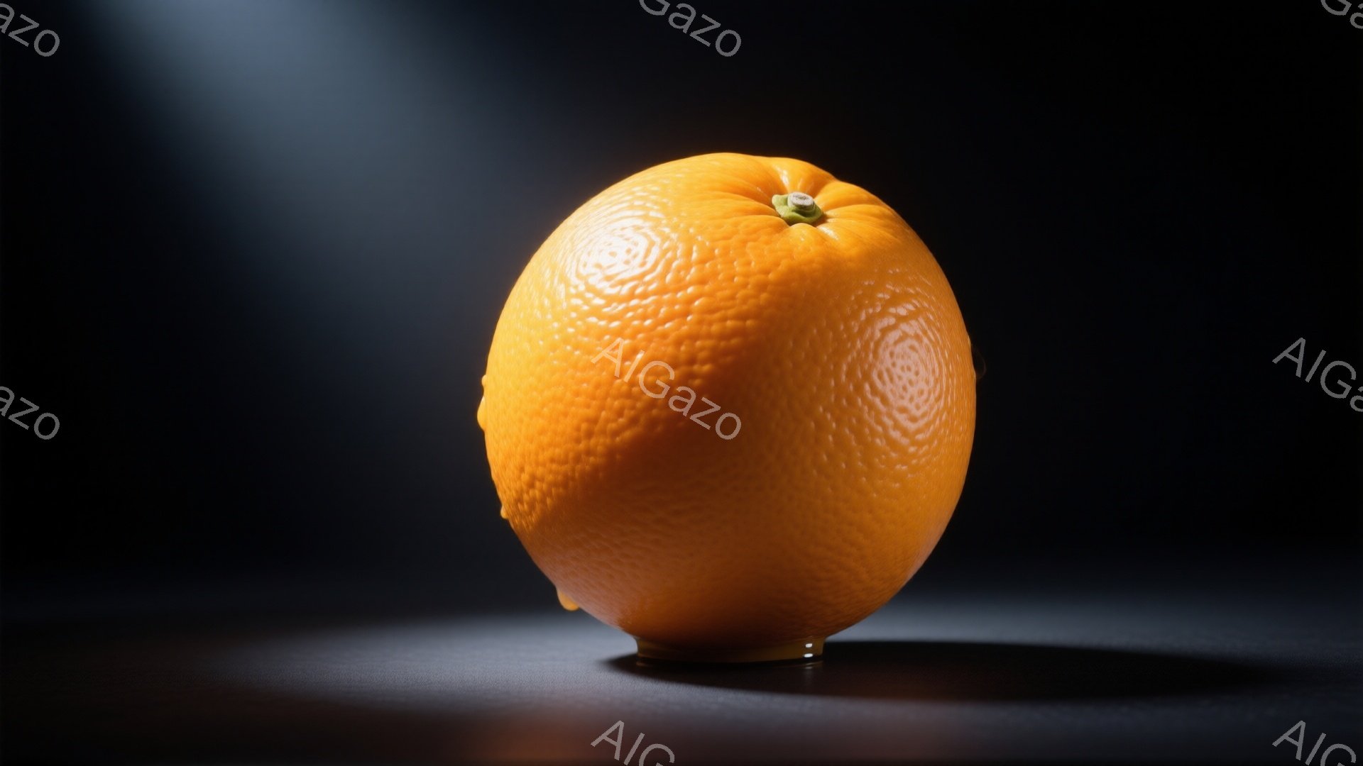 鮮やかなオレンジ色のオレンジが、暗いグレーの背景に浮かび上がっています。表面は細かい凹凸があり、左側には小さな葉っぱの跡が見えます。強い光がオレンジの右側から差し込み、影を作り出し、全体的にドラマチックな雰囲気を醸し出しています。