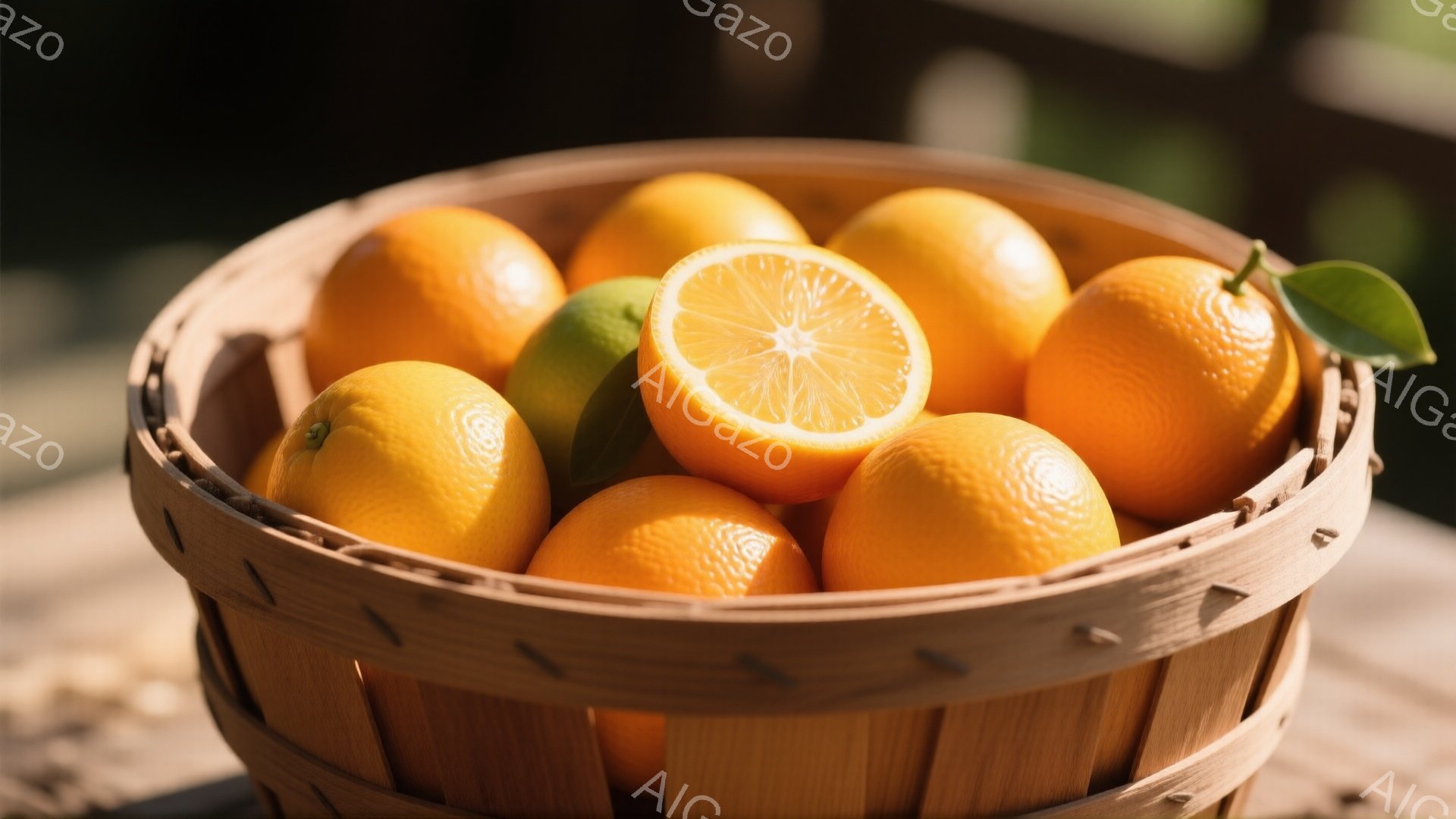 籠の中にみかんが山のように積み重なっており、一つだけ半分にカットされたものが目に入ります。みかんは鮮やかなオレンジ色で、葉っぱが数枚添えられています。背景はぼやけており、木製のテーブルか屋外の環境にあ - AI生成フリー素材
