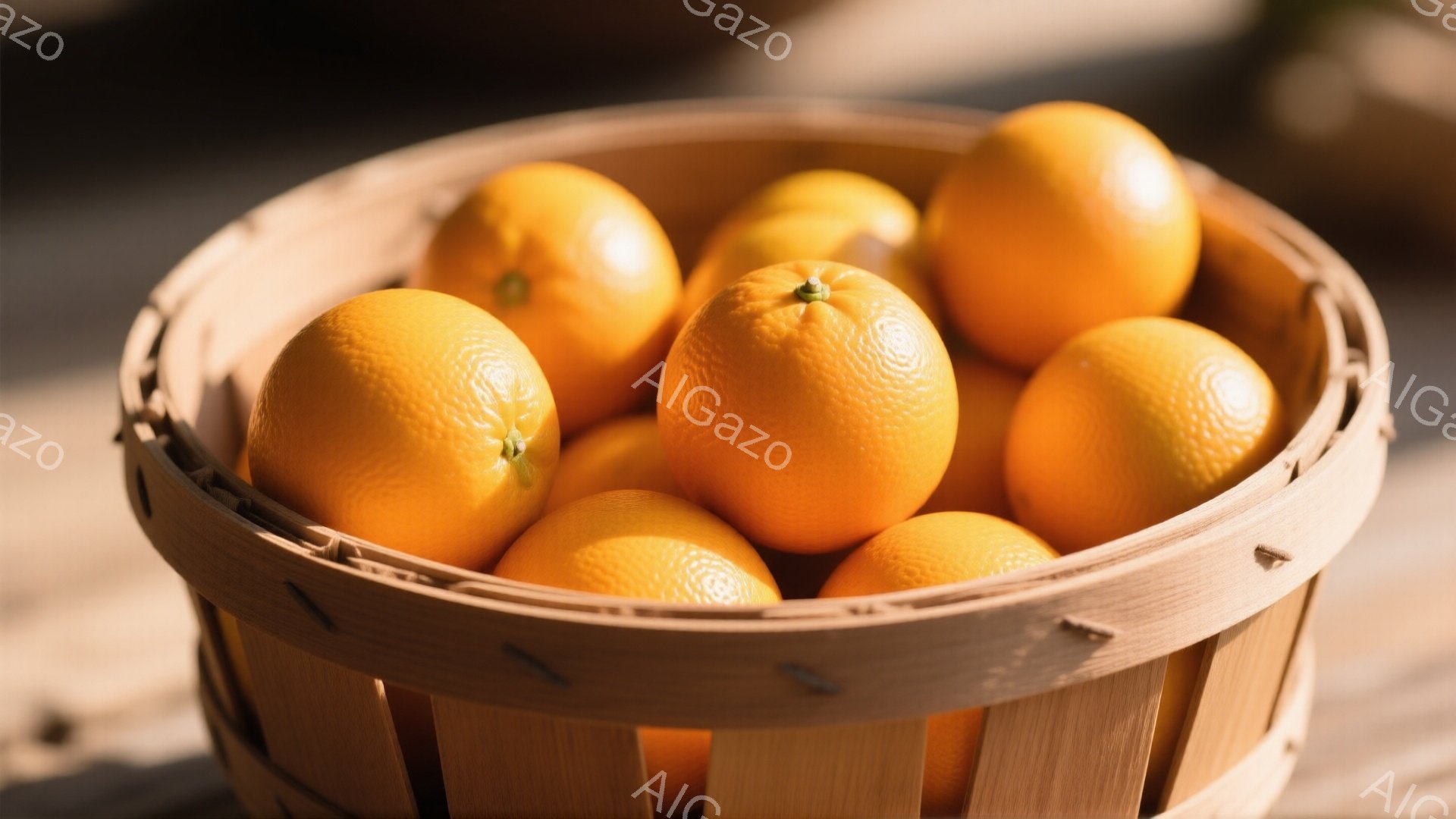オレンジが編まれたバスケットにぎっしりと詰まっています。オレンジは鮮やかなオレンジ色で、表面には小さな凹凸が見られます。背景はぼやけていますが、木製の表面の一部が見え、全体的に暖かく、素朴な雰囲気を醸 - AI生成フリー素材