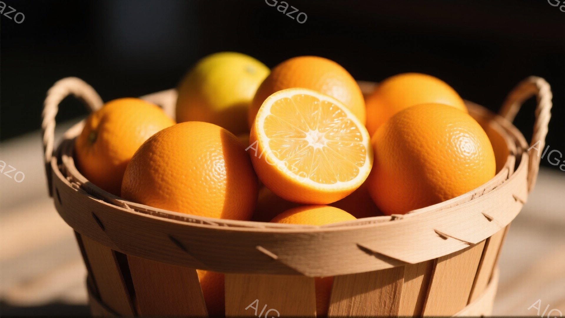 籠の中にみかんがたっぷり入っており、一つは半分にカットされています。みかんは鮮やかなオレンジ色で、光沢があり、新鮮さを感じさせます。背景はぼやけており、木製のテーブルの上にあることがわかります。