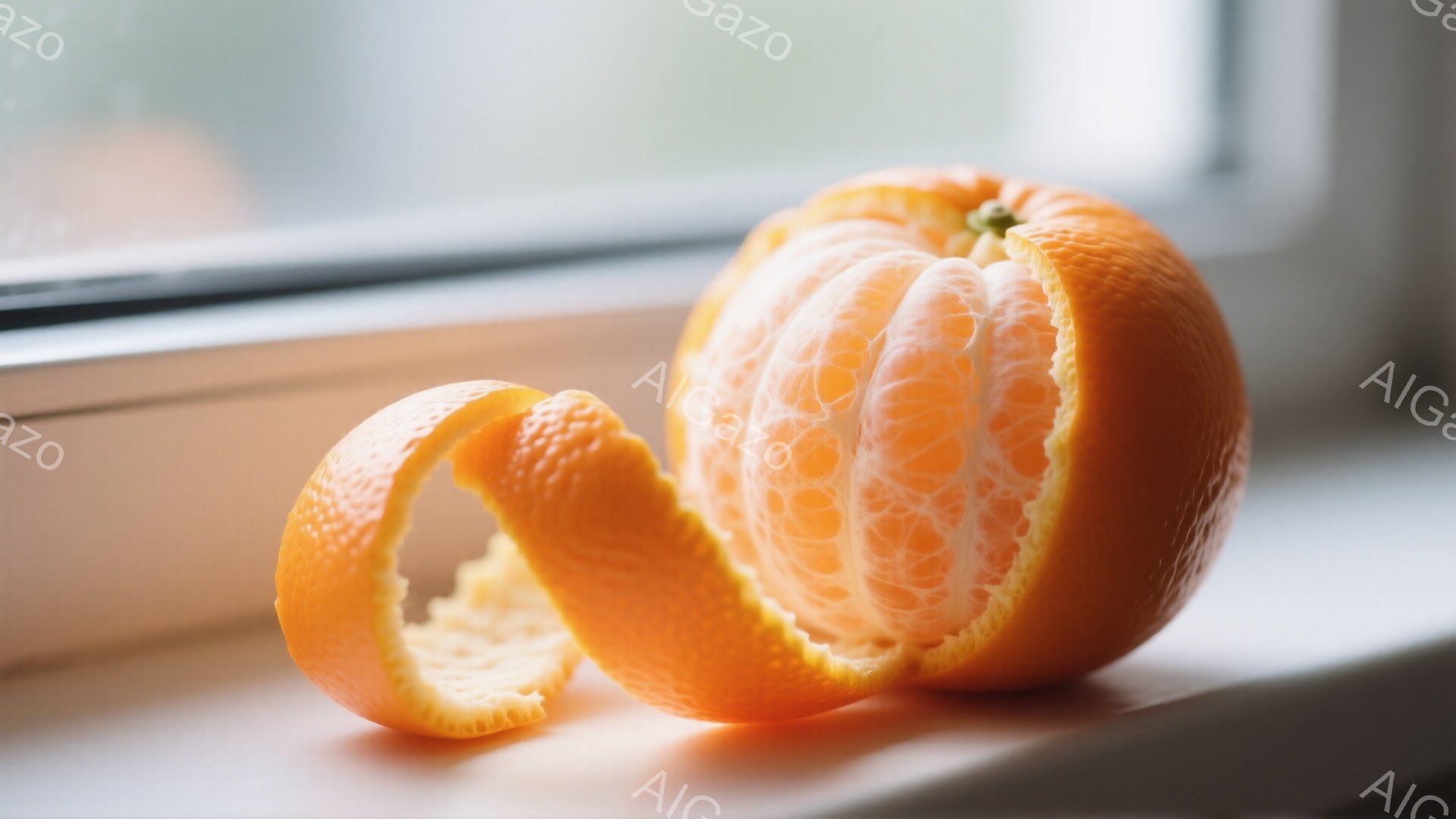 オレンジが半分剥かれ、その果肉が露出しているクローズアップ写真です。剥かれた皮はオレンジの横にねじれており、白い窓枠が背景に見えます。全体的に、果物本来の鮮やかさと、剥きかけの新鮮な雰囲気が伝わってきます。